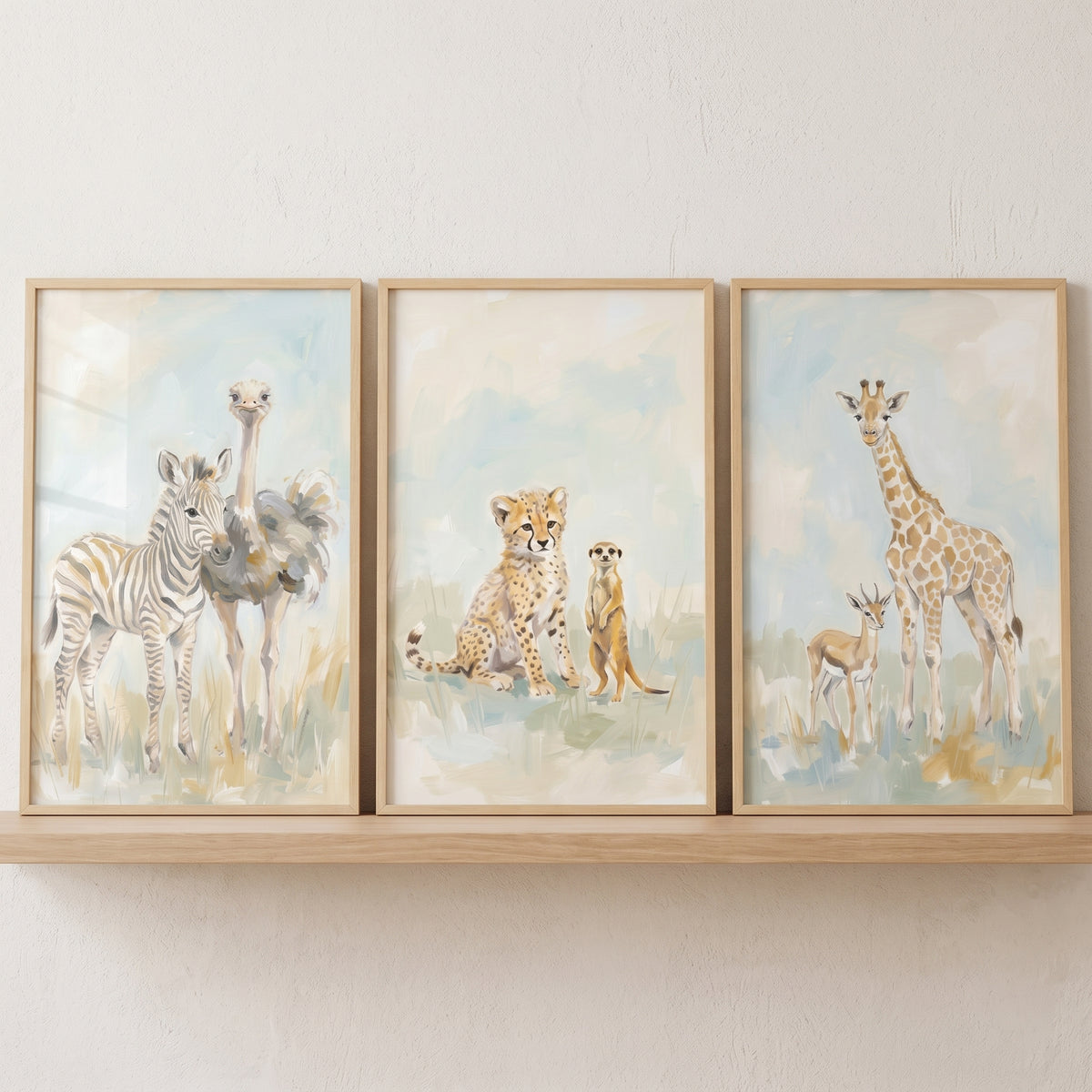 Soft Blue Savanna Animals Wall Art Set of 3 - Safari Animal Friends