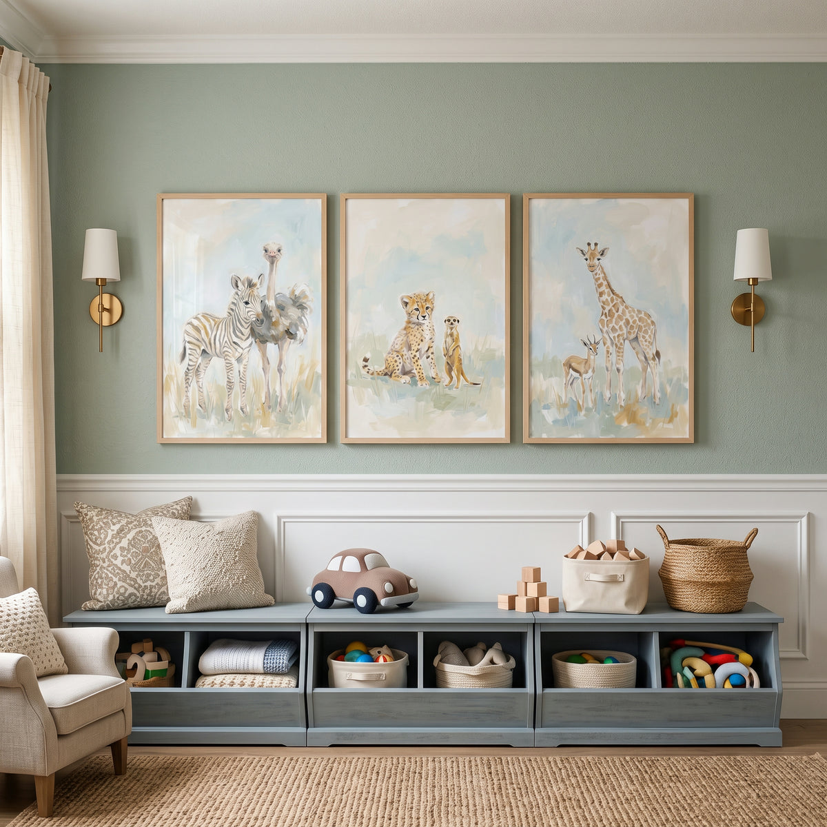 Soft Blue Savanna Animals Wall Art Set of 3 - Safari Animal Friends