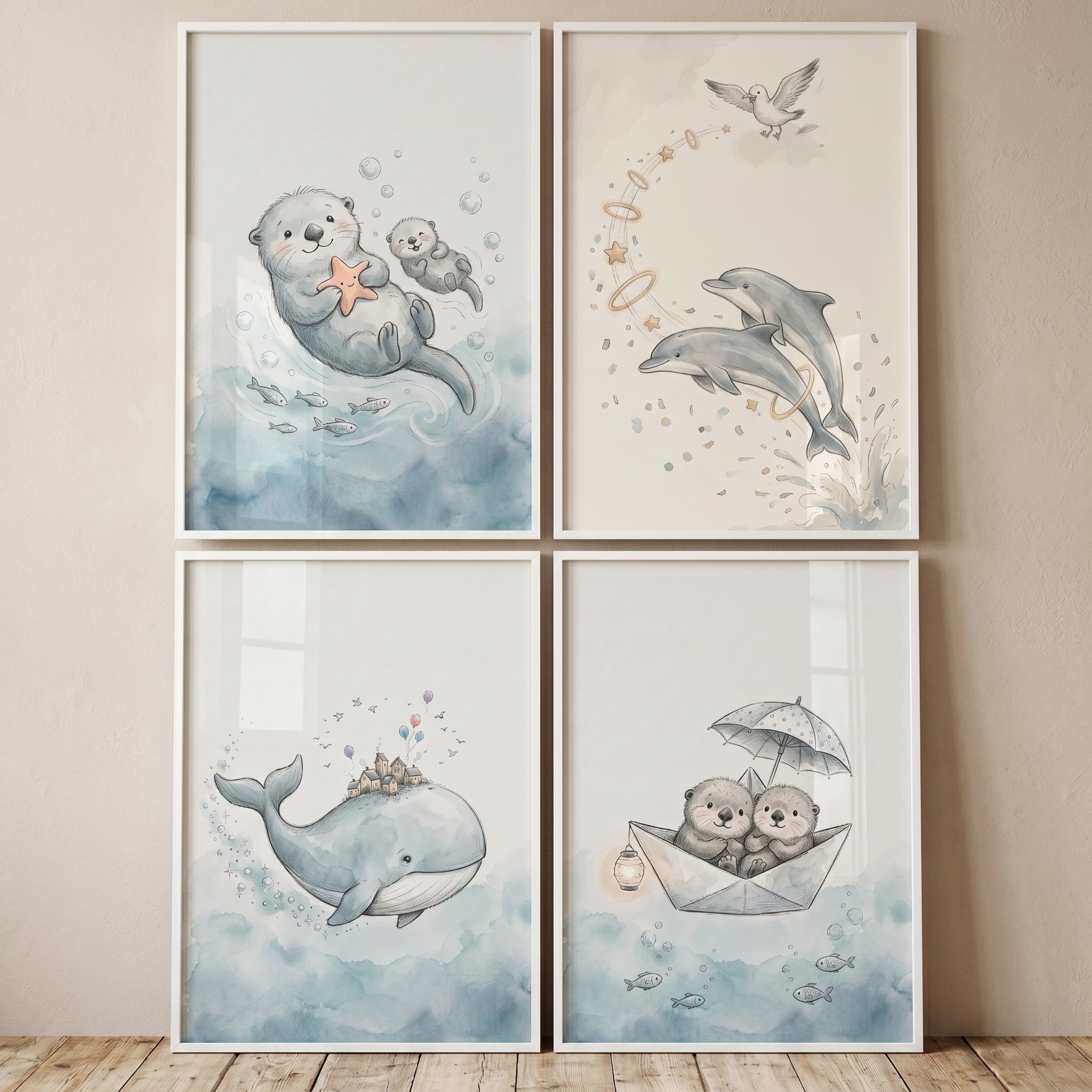 Soft Blue Sea Animal Wall Art Set of 4 - Sweet Ocean Friends
