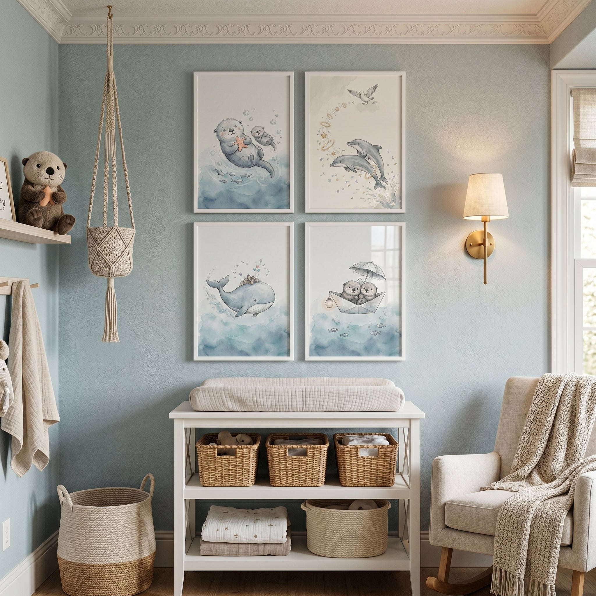 Soft Blue Sea Animal Wall Art Set of 4 - Sweet Ocean Friends