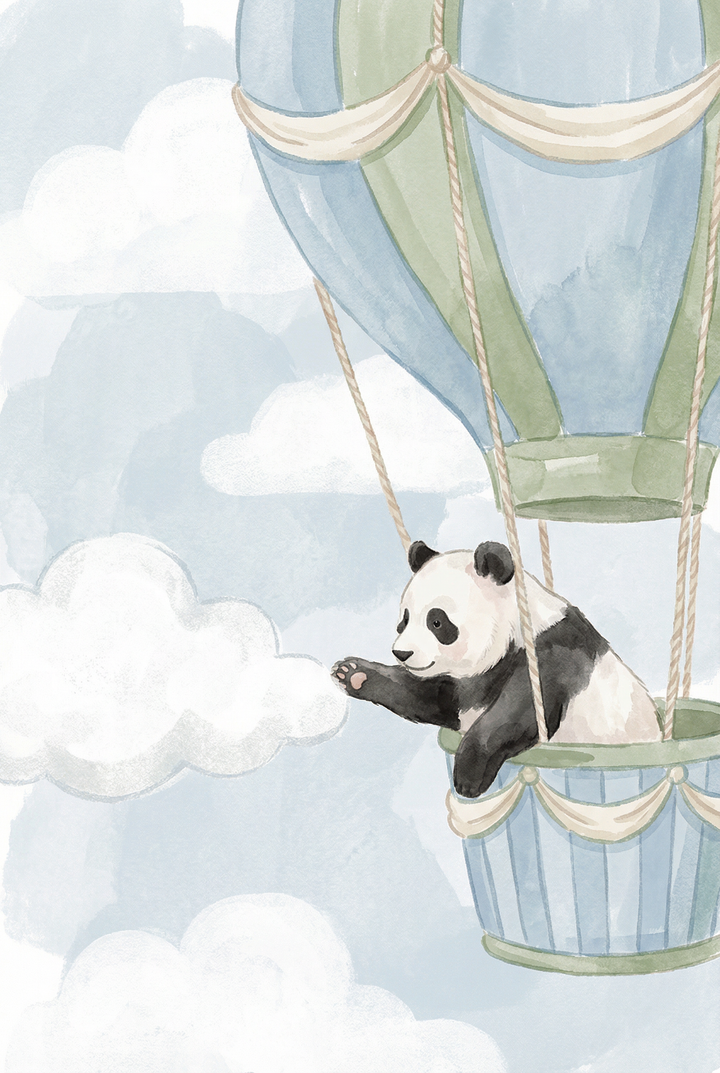 A panda reaches for a white cloud from a hot air balloon basket in this soft blue sky panda artwork illustration.
