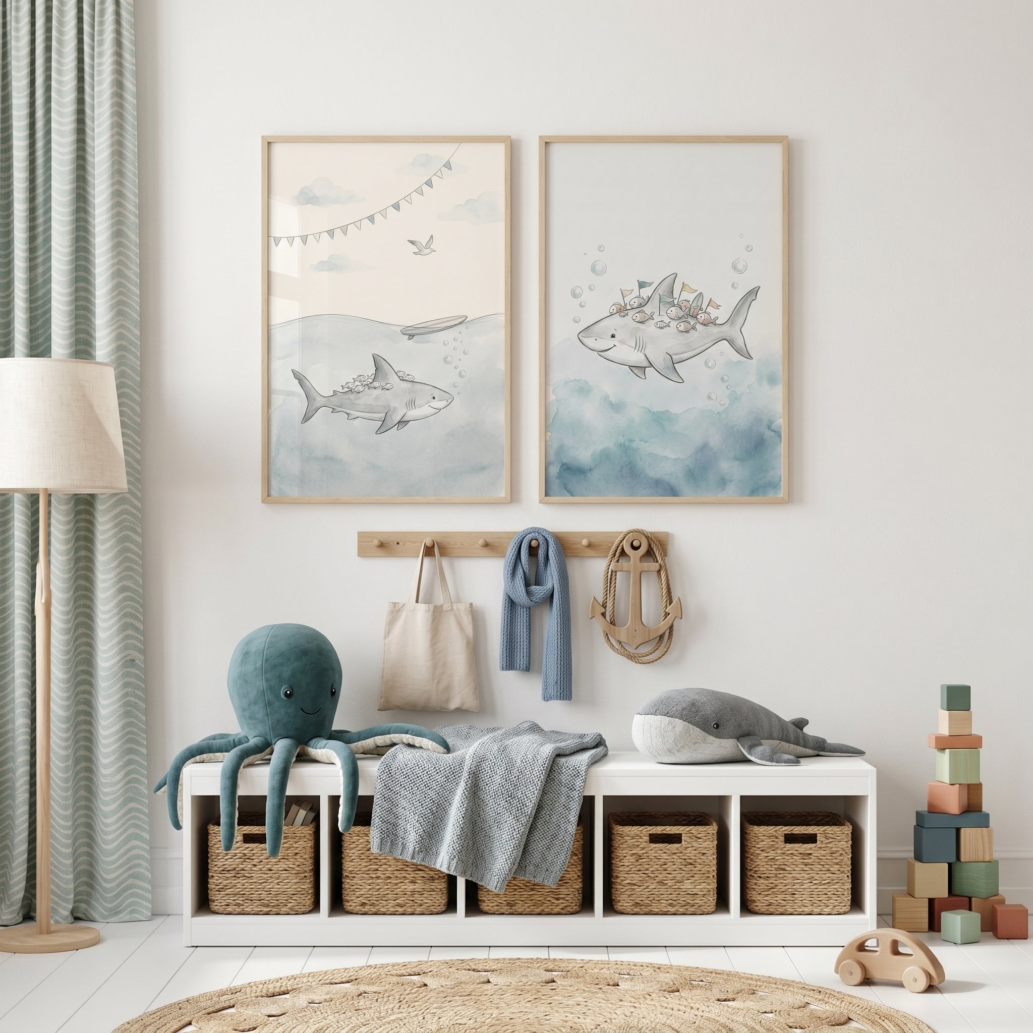 Soft Blue Smiling Shark Wall Art Set Of 2 - Friendly Shark Duo