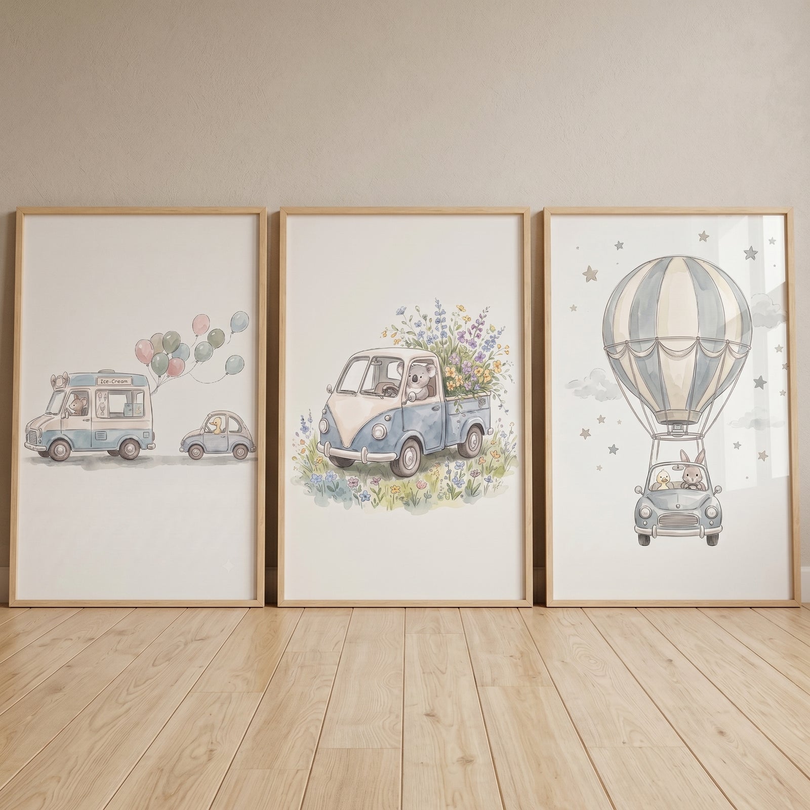 Soft blue traveling animals wall art set of 3 with a koala in a flower truck and a rabbit in a hot air balloon car.