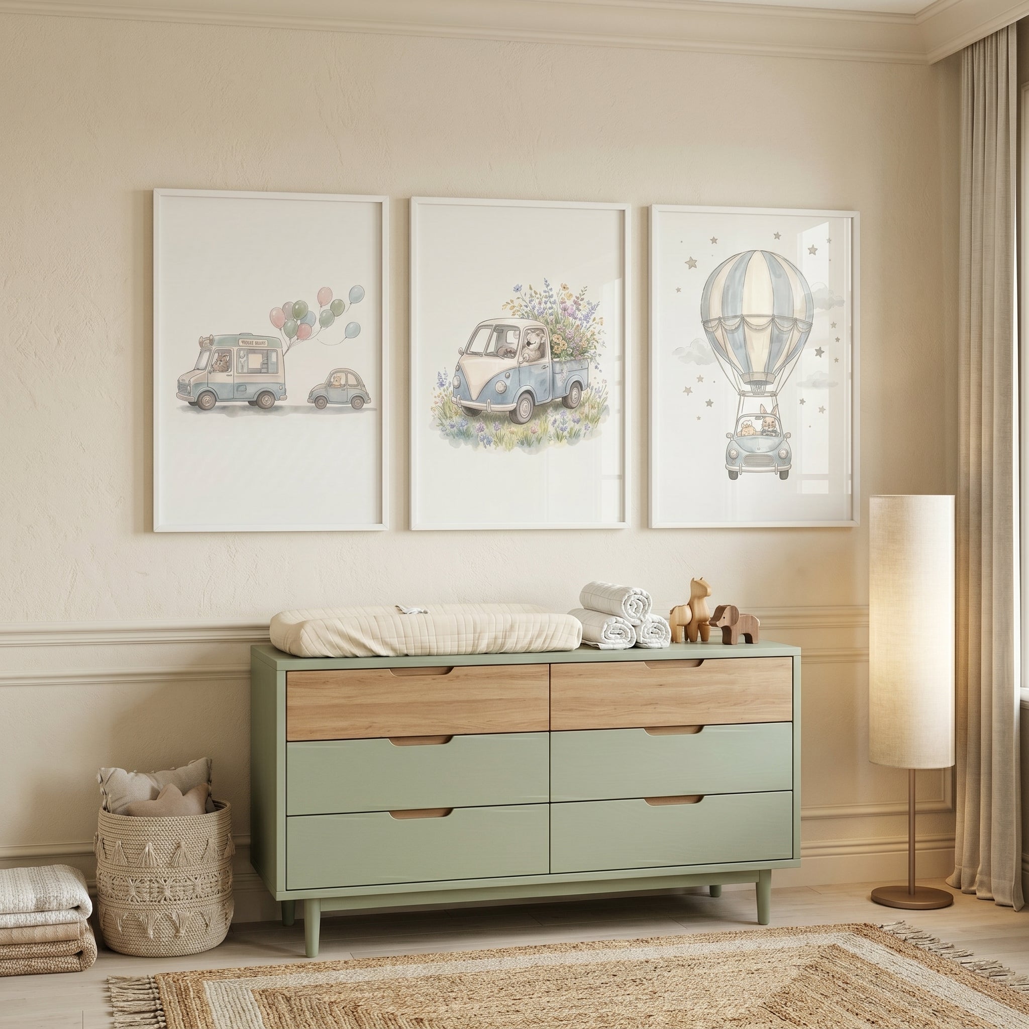 Soft Blue Traveling Animals Wall Art Set of 3 - Pastel Nursery Journeys