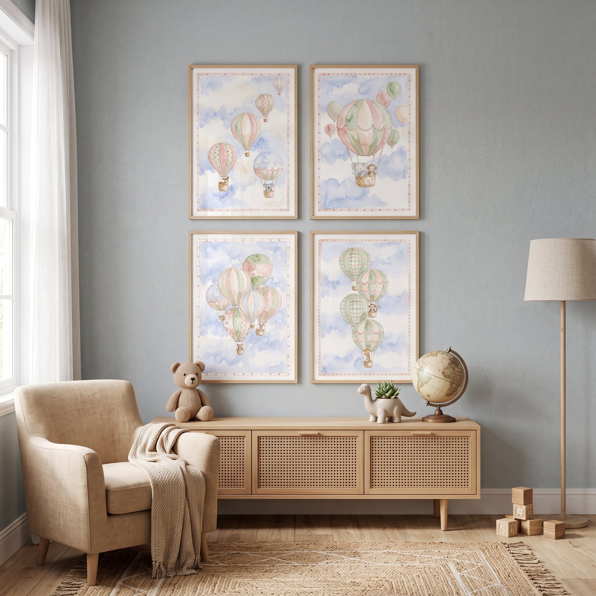Soft Blue Watercolor Balloon Wall Art Set Of 4 - Whimsical Air Parade