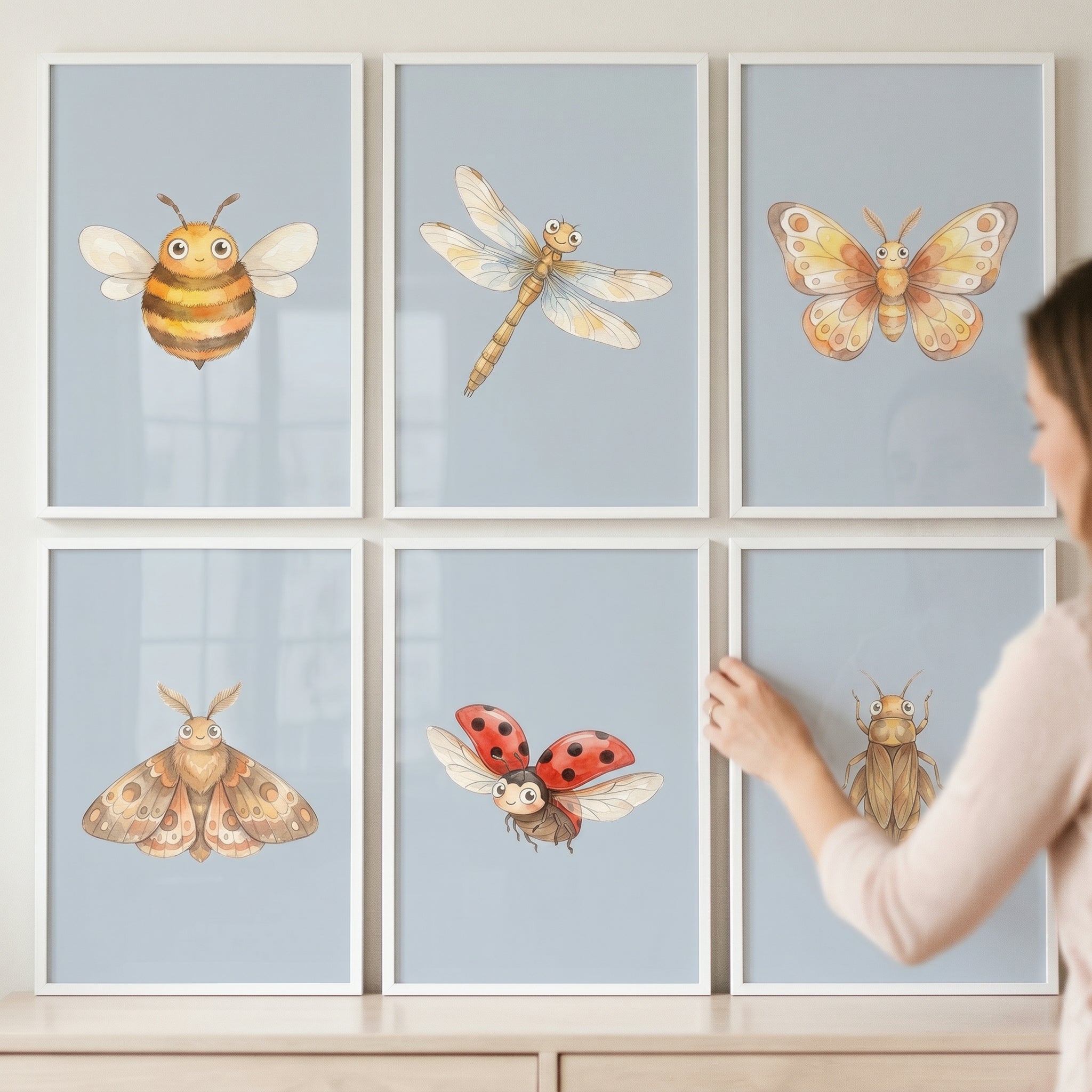 Soft Blue Watercolor Insect Artwork Set of 6 - Whimsical Garden Bugs