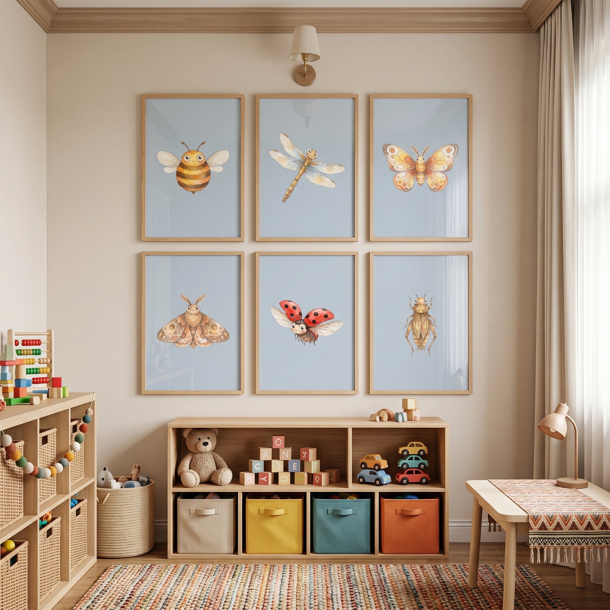 Soft Blue Watercolor Insect Artwork Set of 6 - Whimsical Garden Bugs