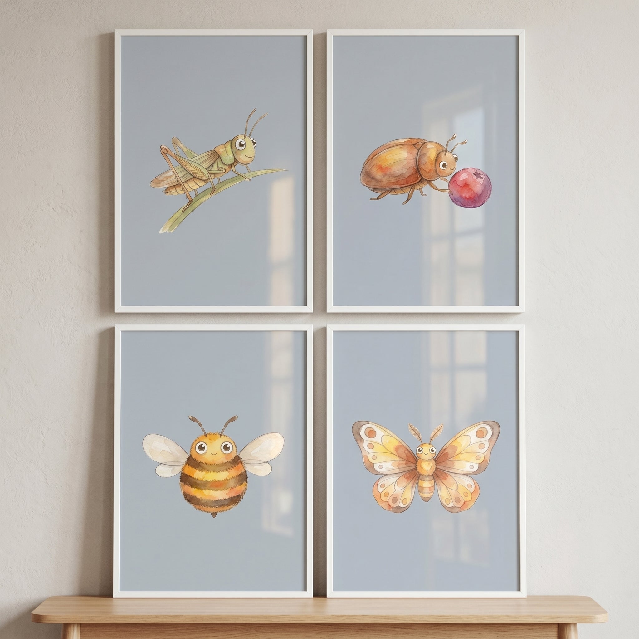 Soft Blue Watercolor Insect Wall Art Set of 4 - Whimsical Bug Art