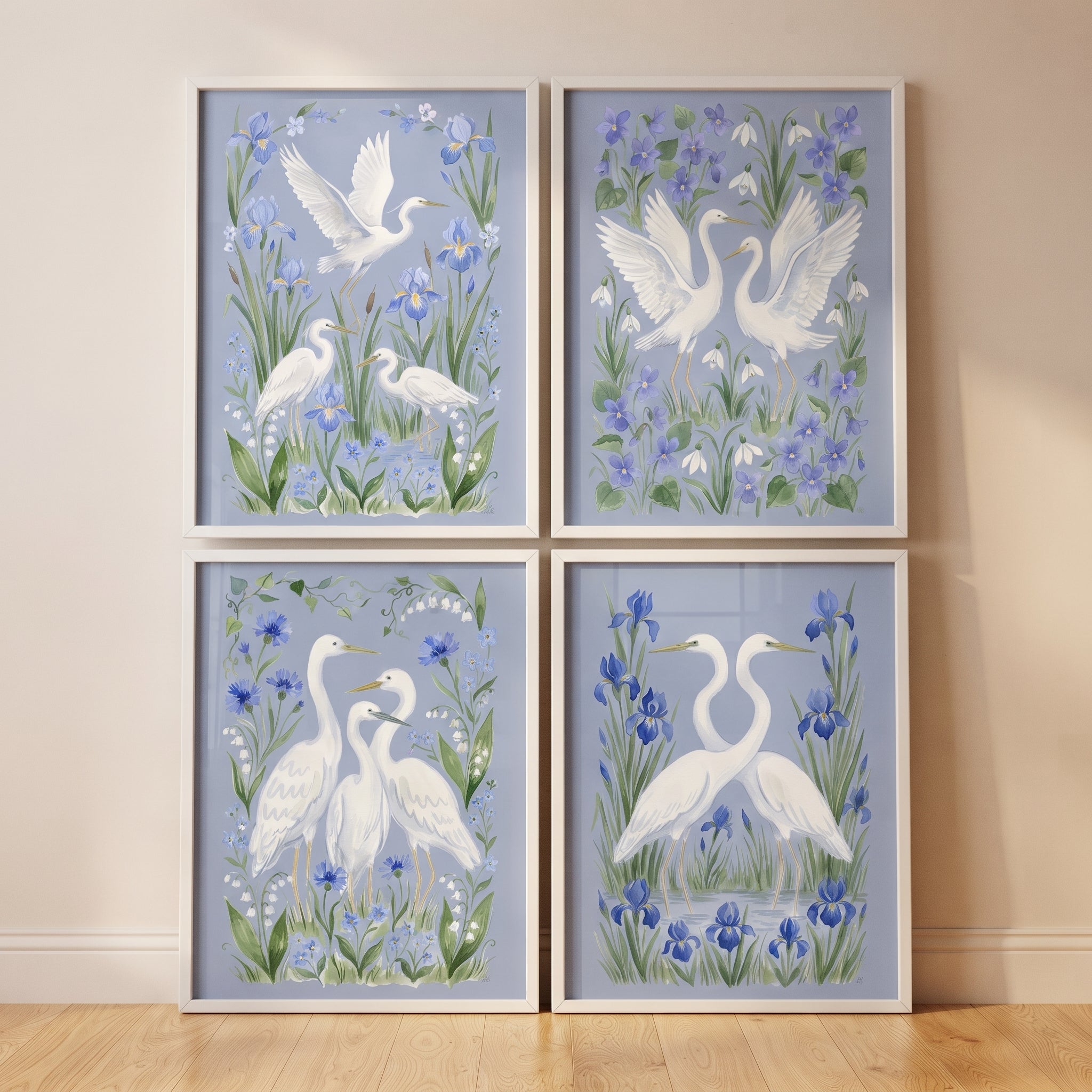 Soft Blue Wildflower Egret Bird Wall Art Set of 4 - Elegant White Herons