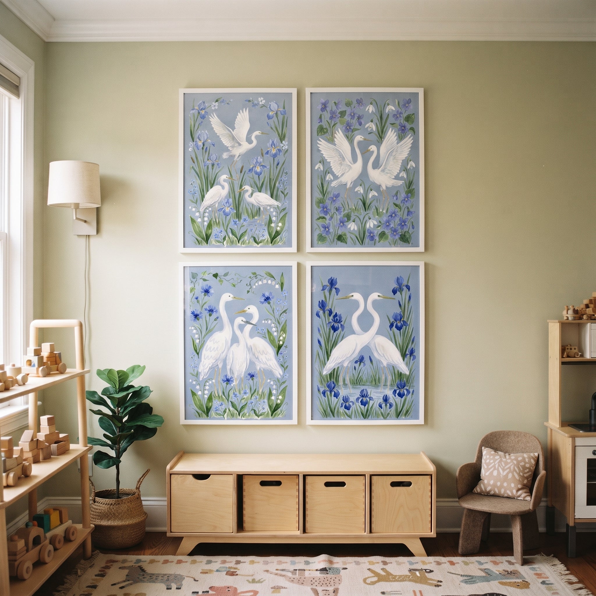 Soft Blue Wildflower Egret Bird Wall Art Set of 4 - Elegant White Herons