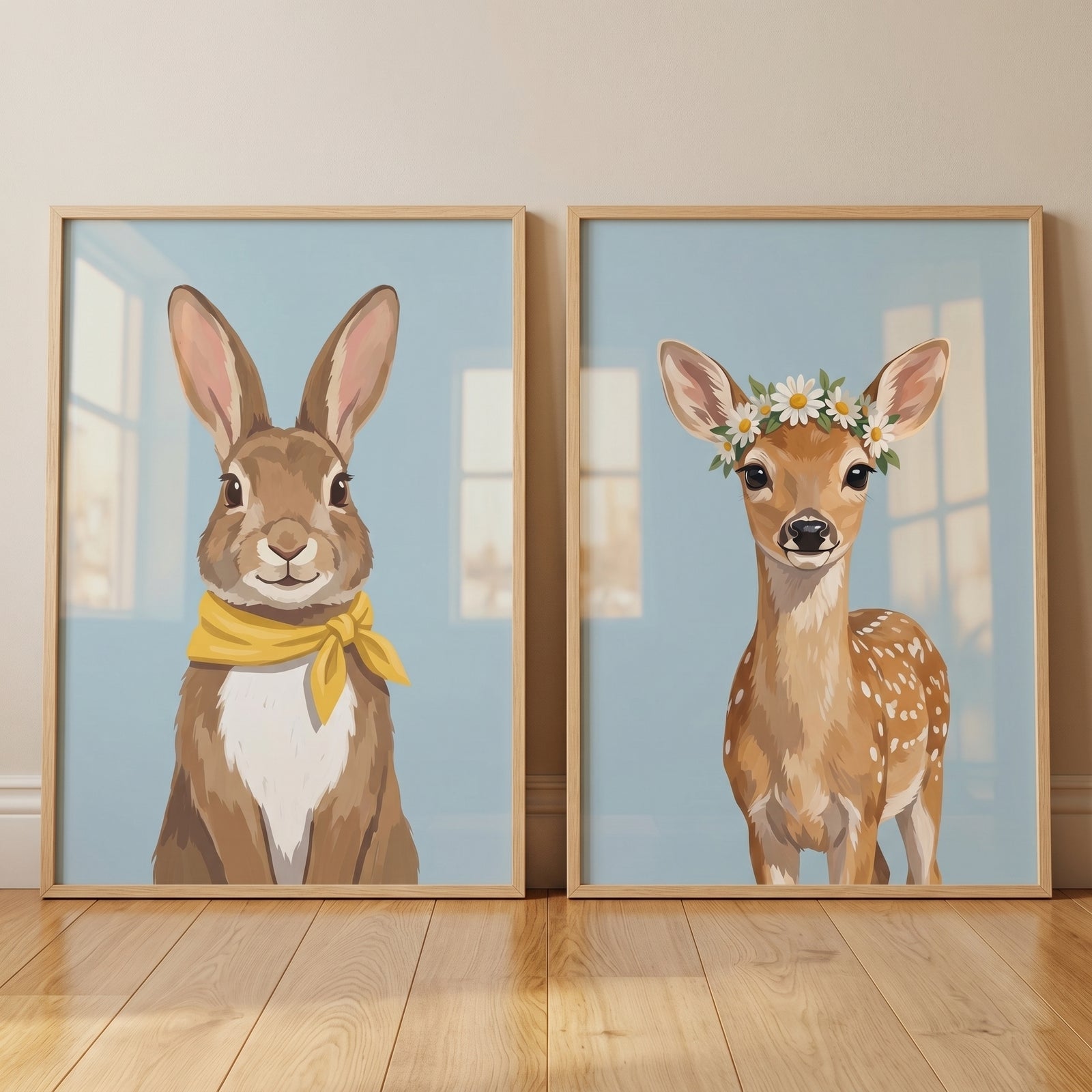 Soft blue woodland animal wall art set of 2 with a rabbit in a yellow scarf and a deer with a flower crown.