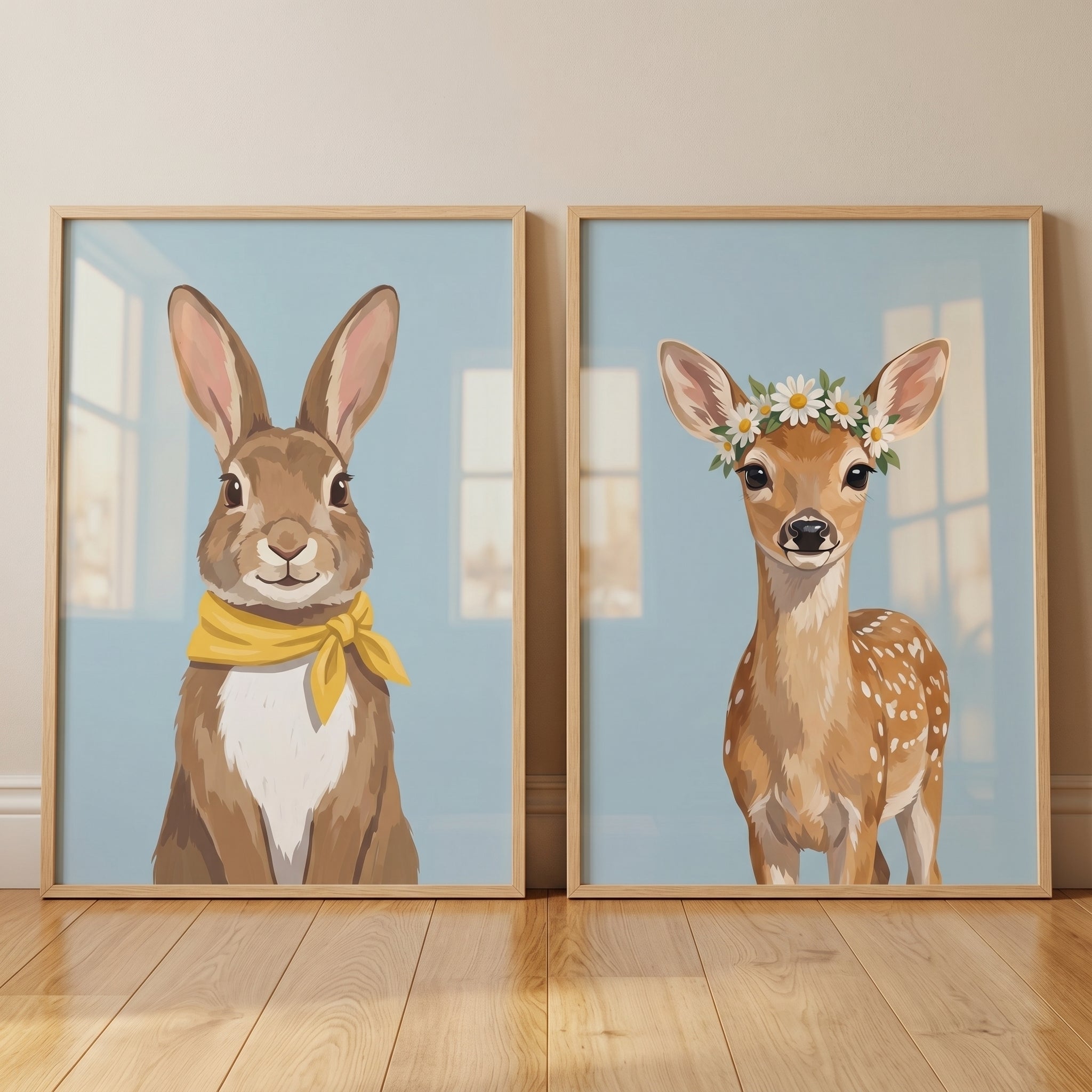 Soft Blue Woodland Animal Wall Art Set of 2 - Floral Forest Friends