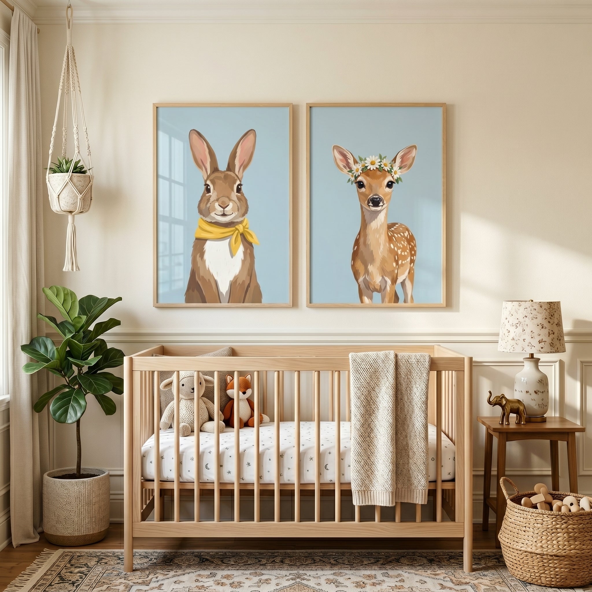 Soft Blue Woodland Animal Wall Art Set of 2 - Floral Forest Friends