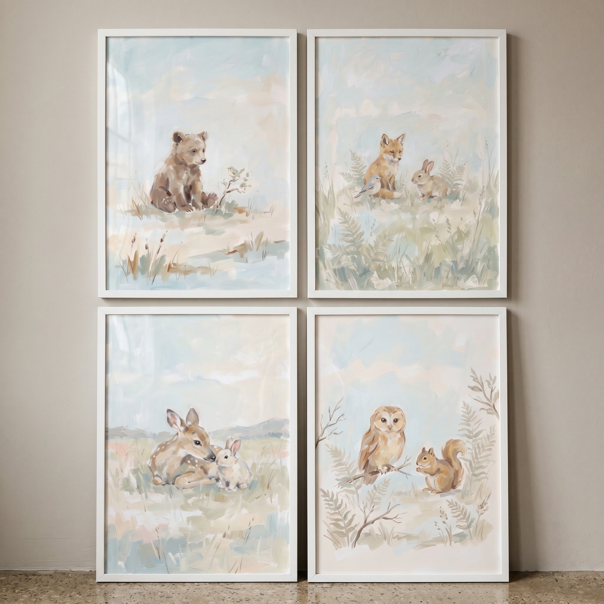 Soft Blue Woodland Animals Wall Art Set Of 4 - Woodland Friends Set