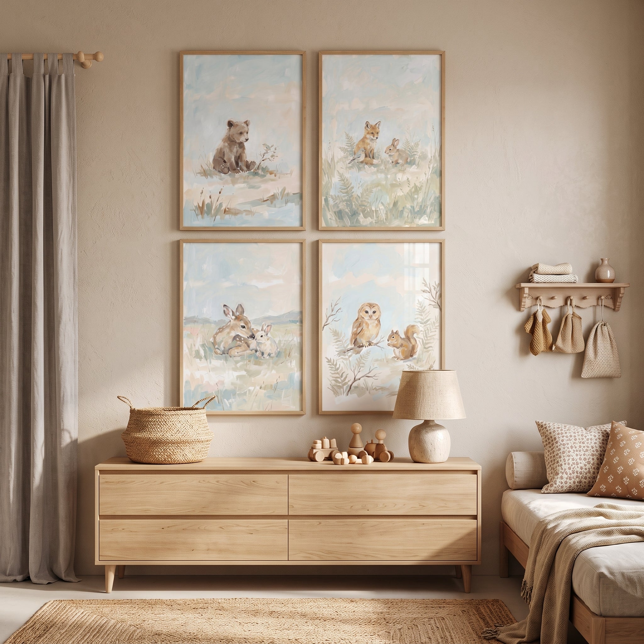 Soft Blue Woodland Animals Wall Art Set Of 4 - Woodland Friends Set