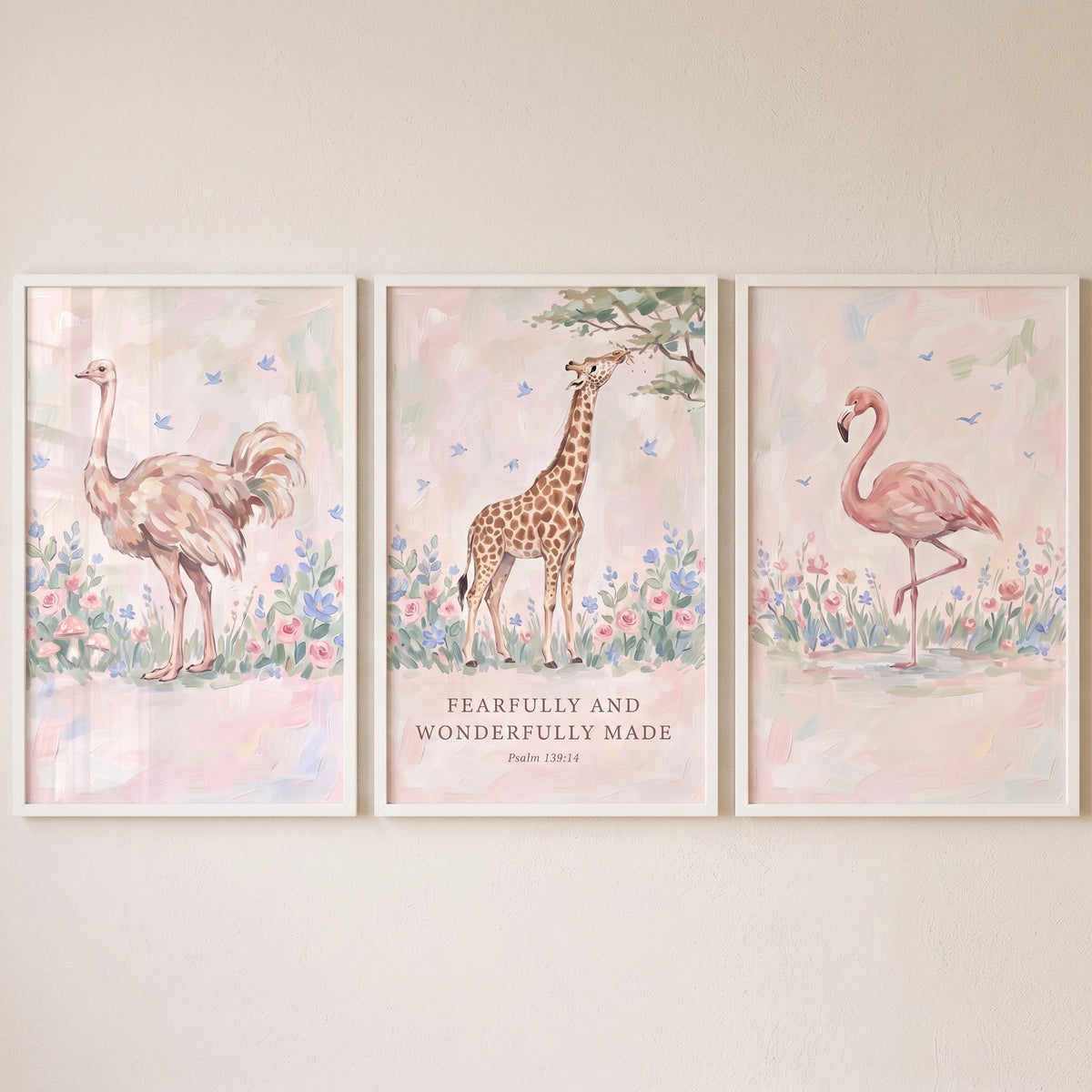Soft bluebird safari animals wall art set of 3 with an ostrich, giraffe, flamingo, and a Bible verse in pastel tones.