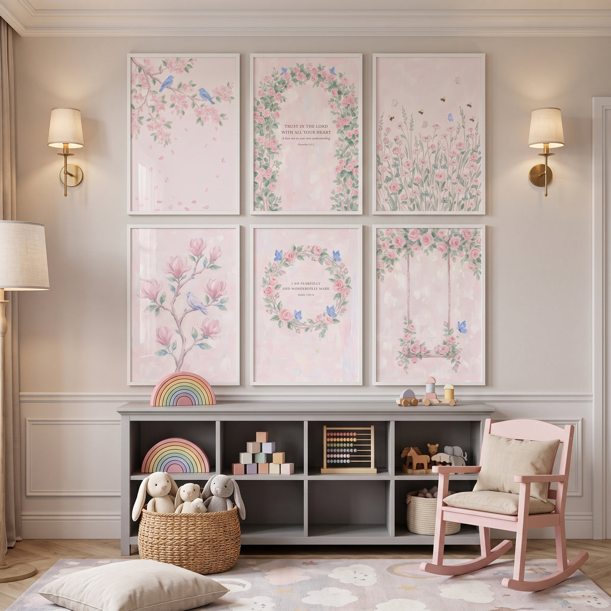 Soft Blush Blossom Garden Wall Art Set of 6 - Heavenly Floral Verses