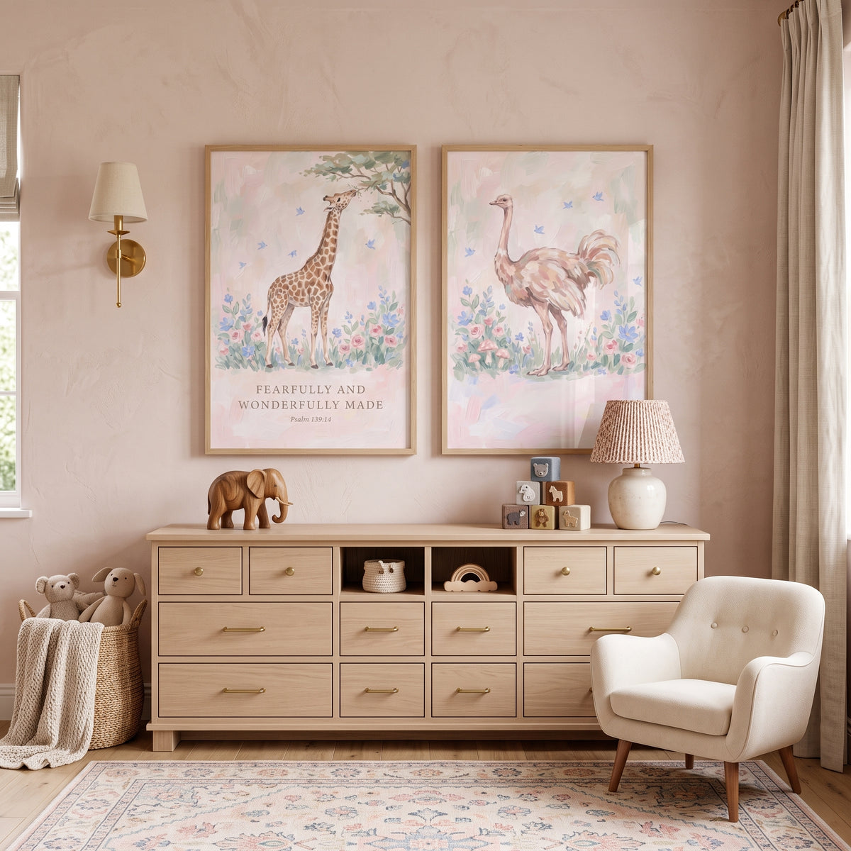 Soft Blush Botanical Animals Wall Art Set of 2 - Wonderfully Made Safari