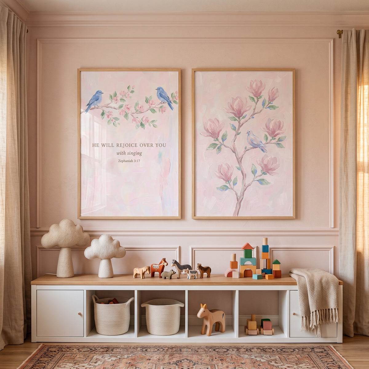 Soft Blush Botanical Bird Wall Art Set of 2 - Singing Grace Blooms
