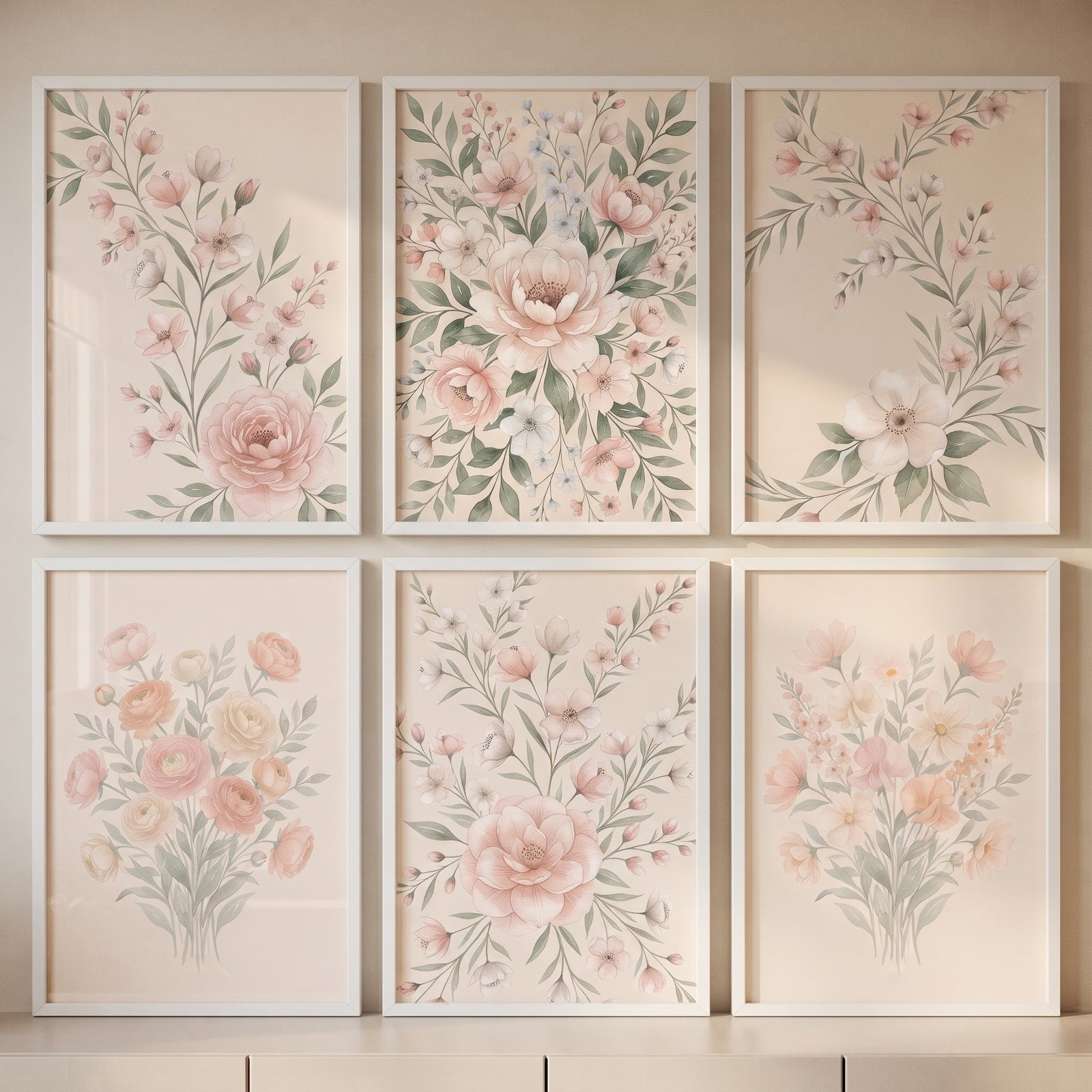 Soft blush botanical floral wall art set of 6 features delicate pink and peach blooms with green leaves in white frames.