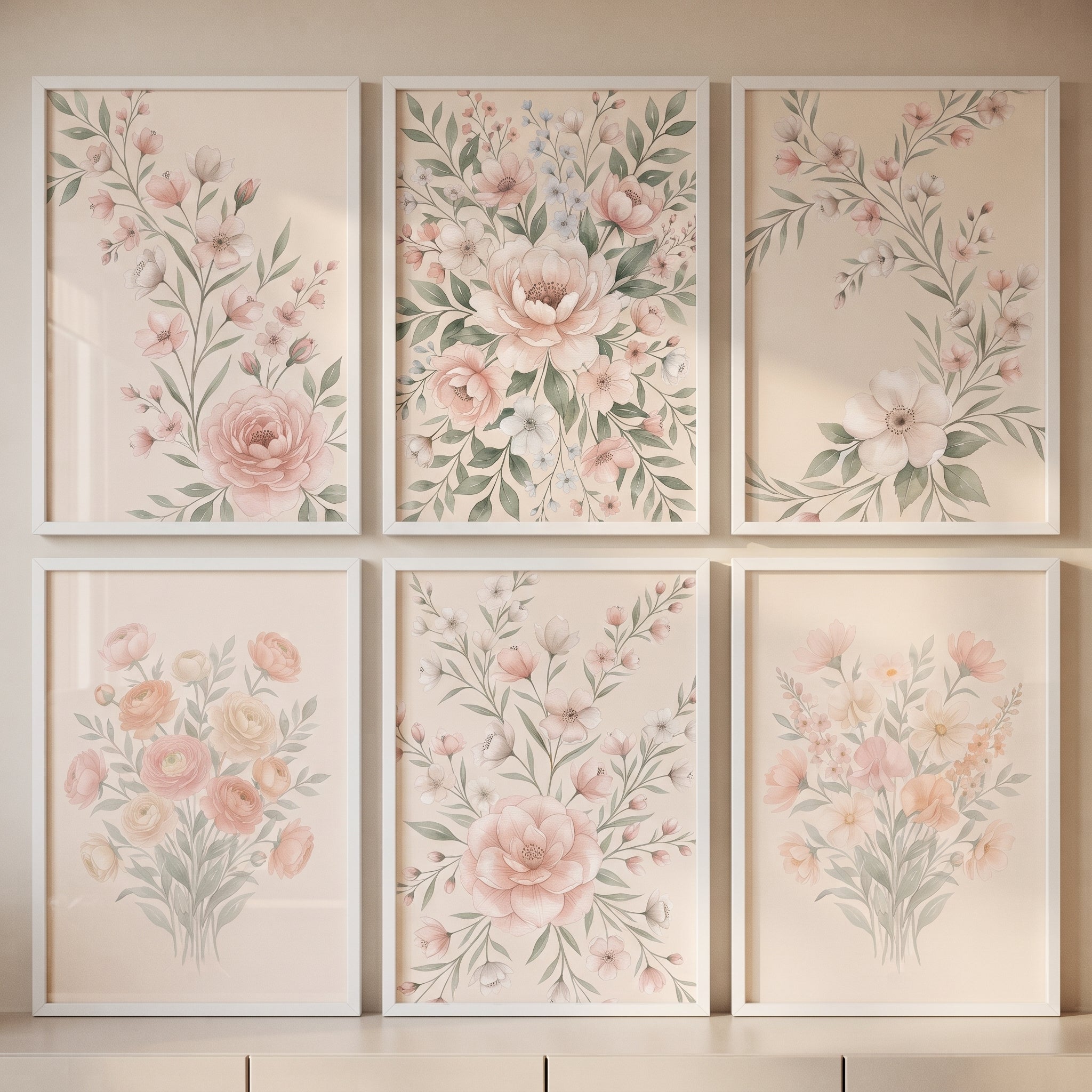 Soft Blush Botanical Floral Wall Art Set of 6 - Ethereal Garden Blooms