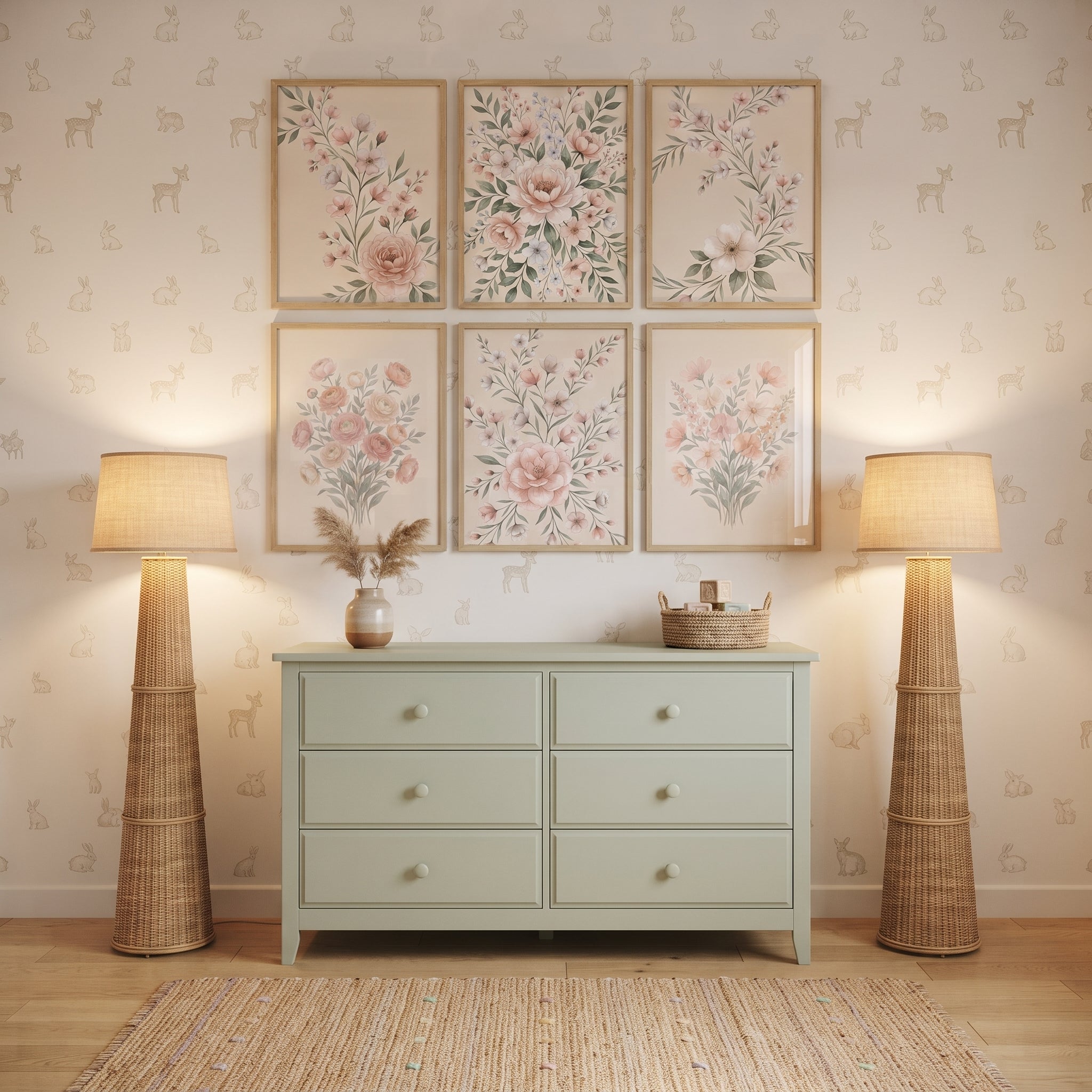 Soft Blush Botanical Floral Wall Art Set of 6 - Ethereal Garden Blooms