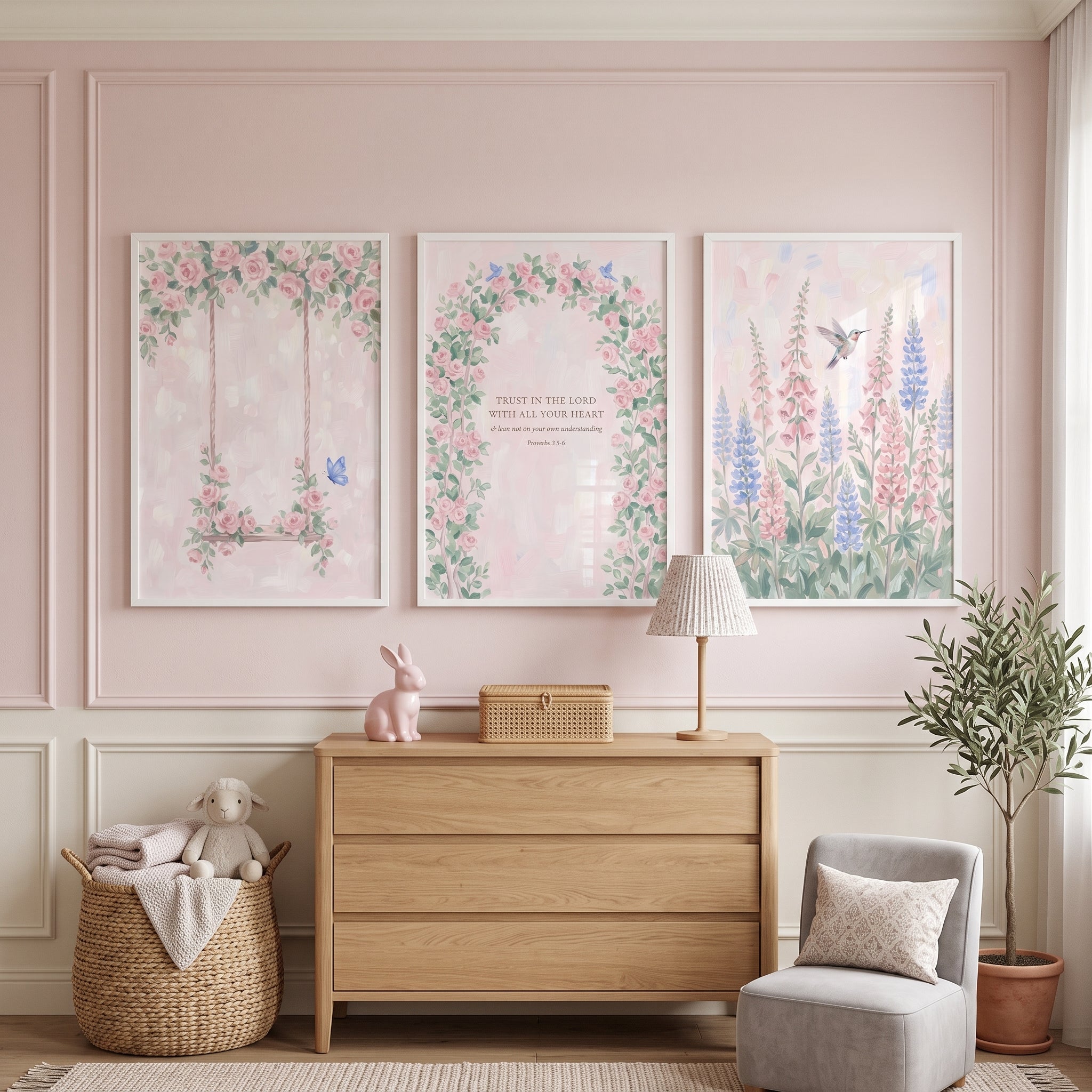 Soft Blush Botanical Garden Wall Art Set of 3 - Sacred Garden Grace