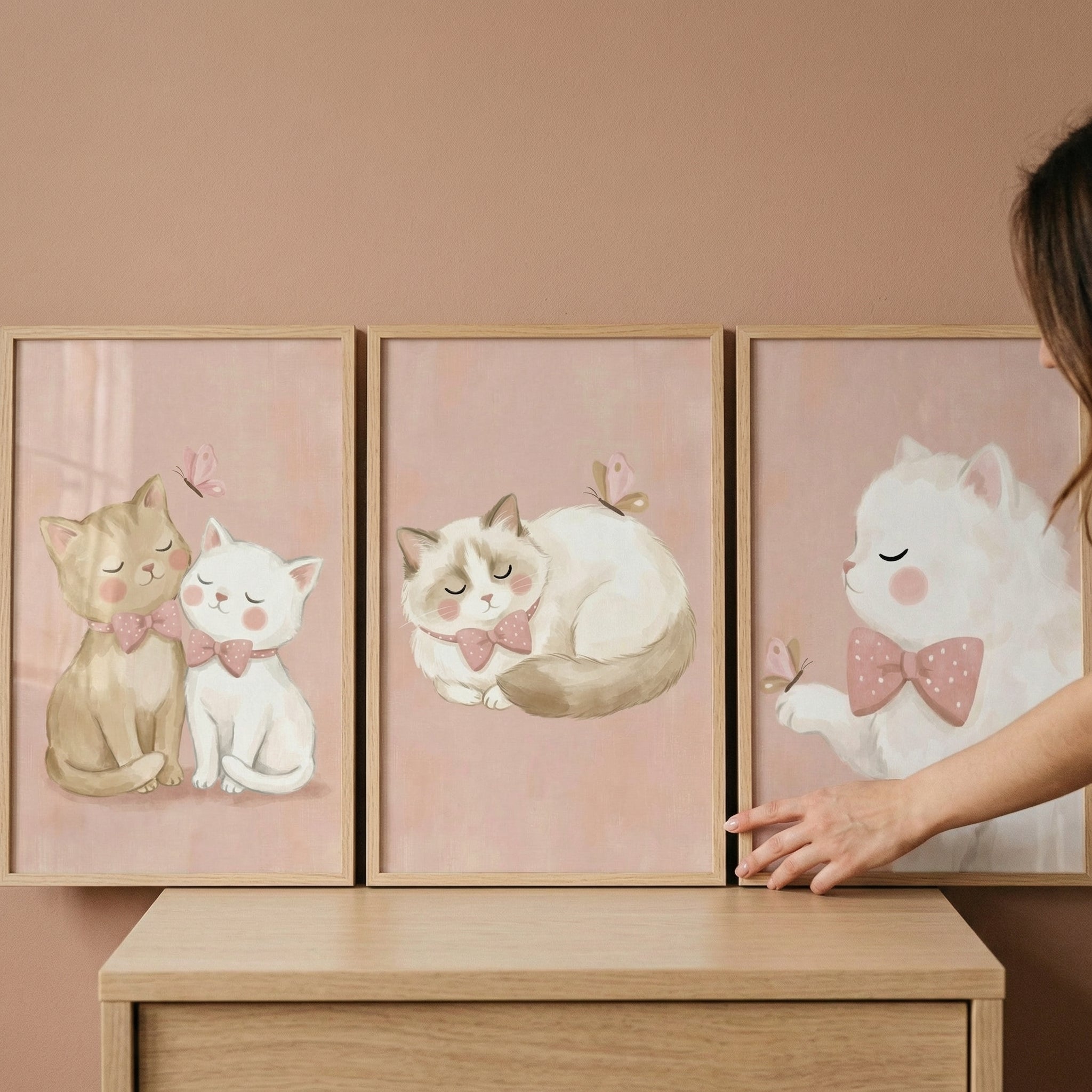 Soft Blush Bow Cat Wall Art Set of 3 - Sweet Pink Kittens