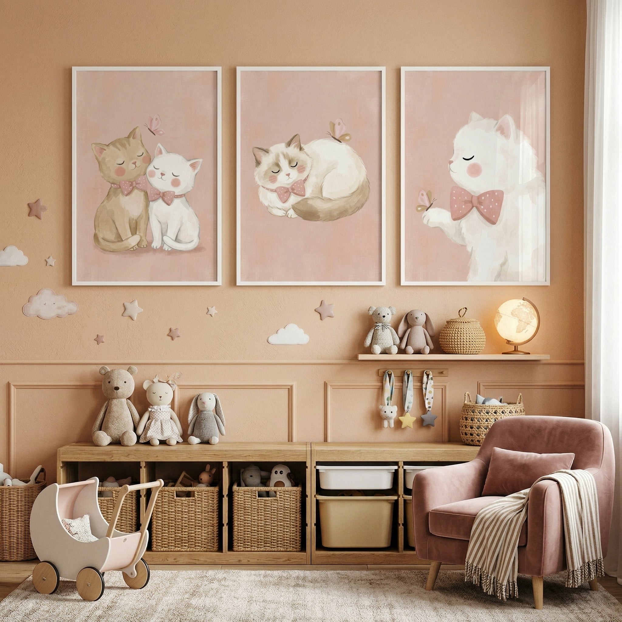 Soft Blush Bow Cat Wall Art Set of 3 - Sweet Pink Kittens