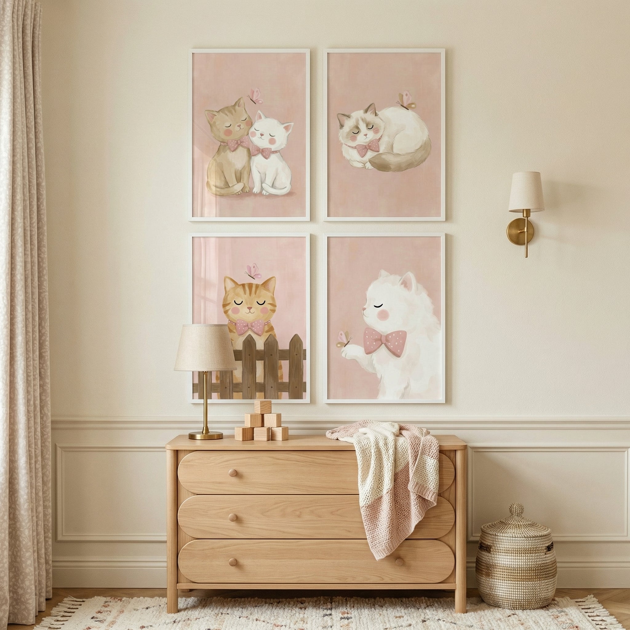 Soft Blush Butterfly Cat Wall Art Set of 4 - Sweet Kitten Friends
