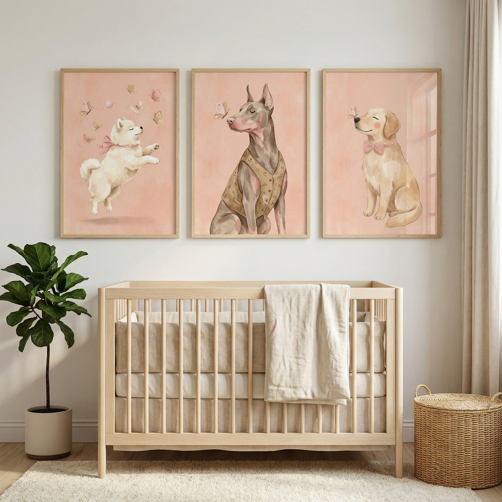 Soft Blush Butterfly Dog Wall Art Set of 3 - Whimsical Pastel Pups