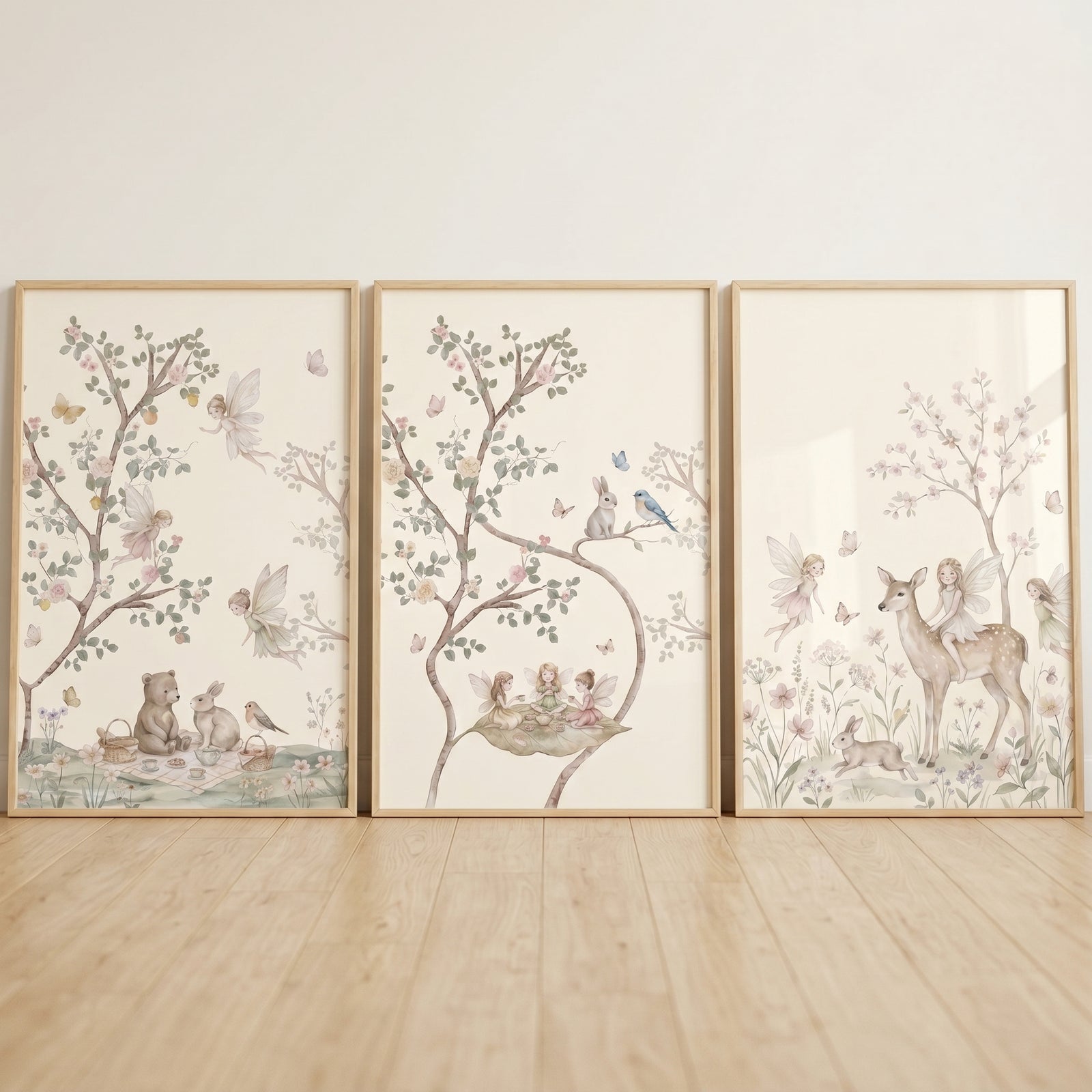 Soft blush enchanted fairies wall art set of 3 featuring watercolor woodland animals and fairies in light wood frames.