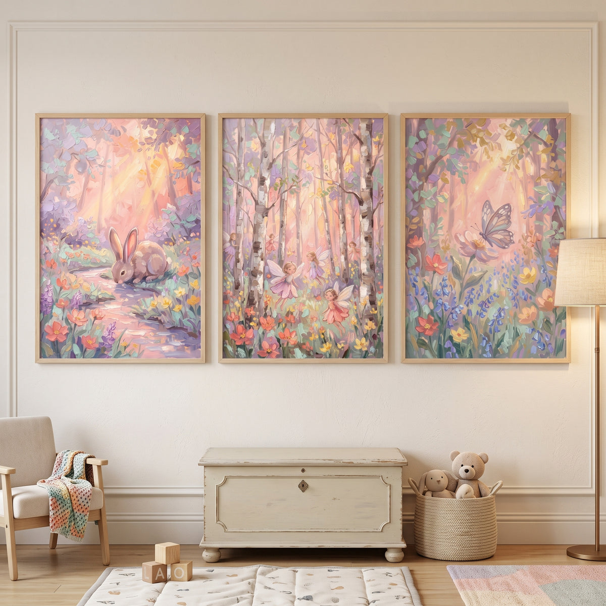 Soft Blush Enchanted Forest Wall Art Set of 3 - Whimsical Fairy Woods