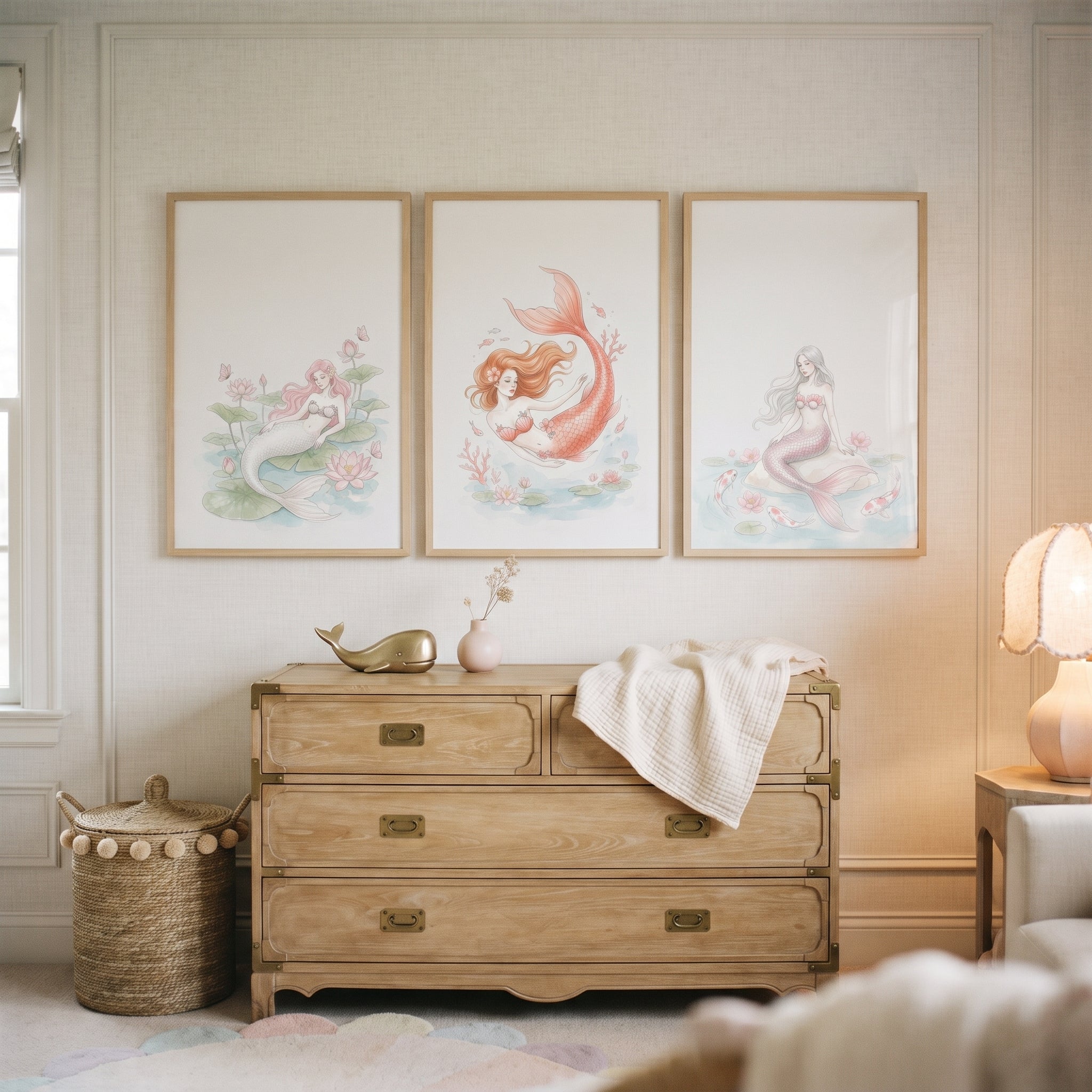 Soft Blush Ethereal Mermaid Wall Art Set of 3 - Enchanted Sea Maidens