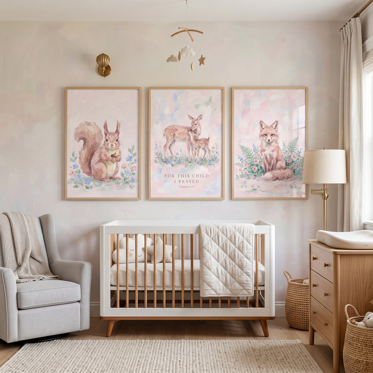 Soft Blush Forest Animals Print Set of 3 - Sweet Forest Blessing