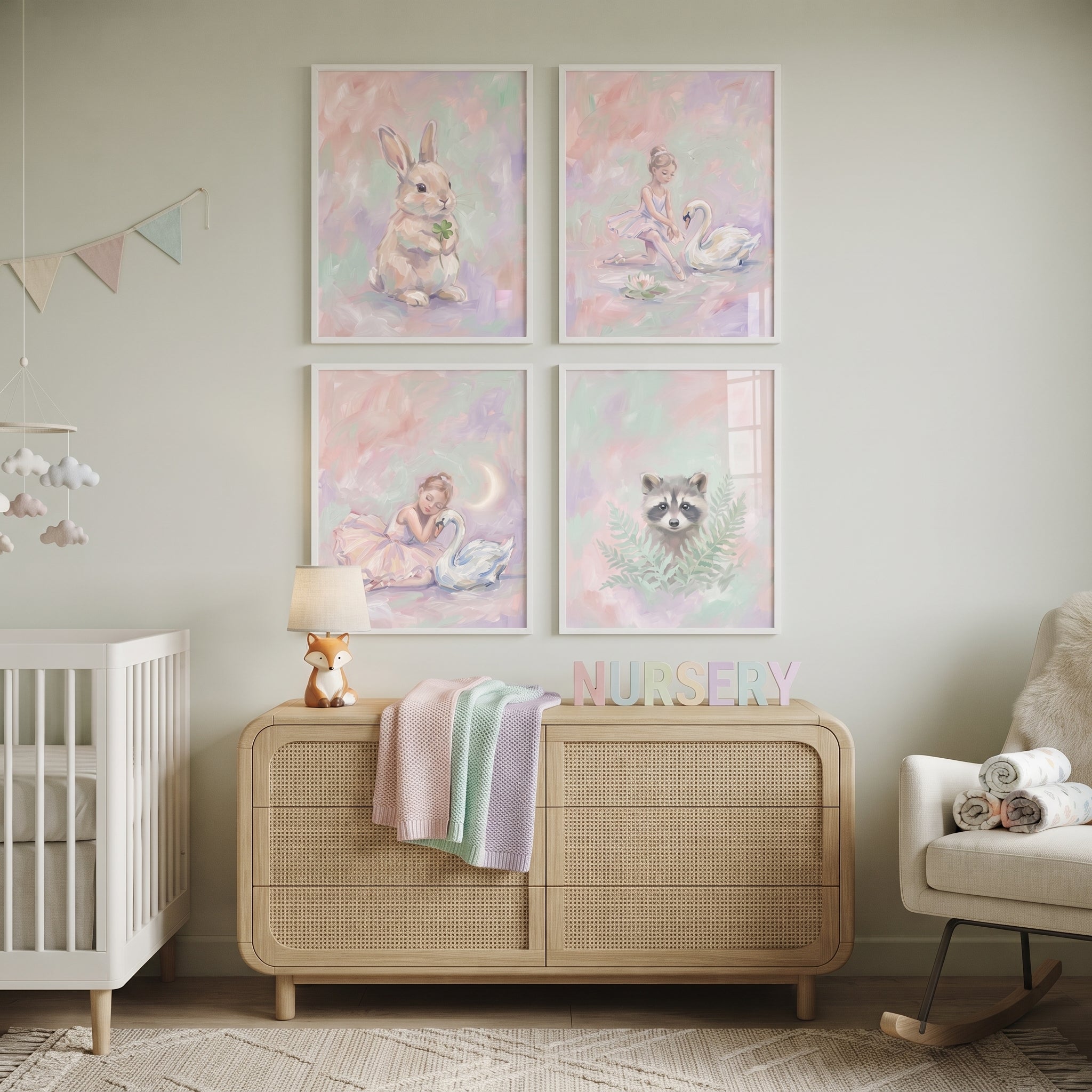 Soft Blush Girls Room Wall Art Set of 4 - Pastel Dreamland Tales