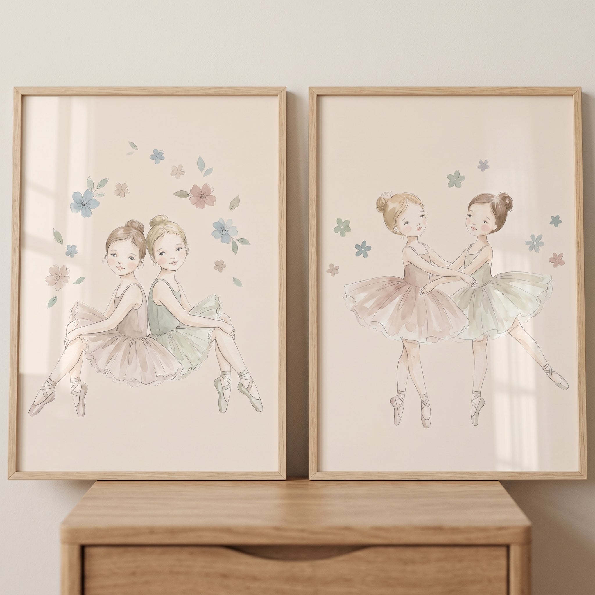 Soft Blush Green Ballerina Wall Art Set of 2 - Little Ballerina Duo