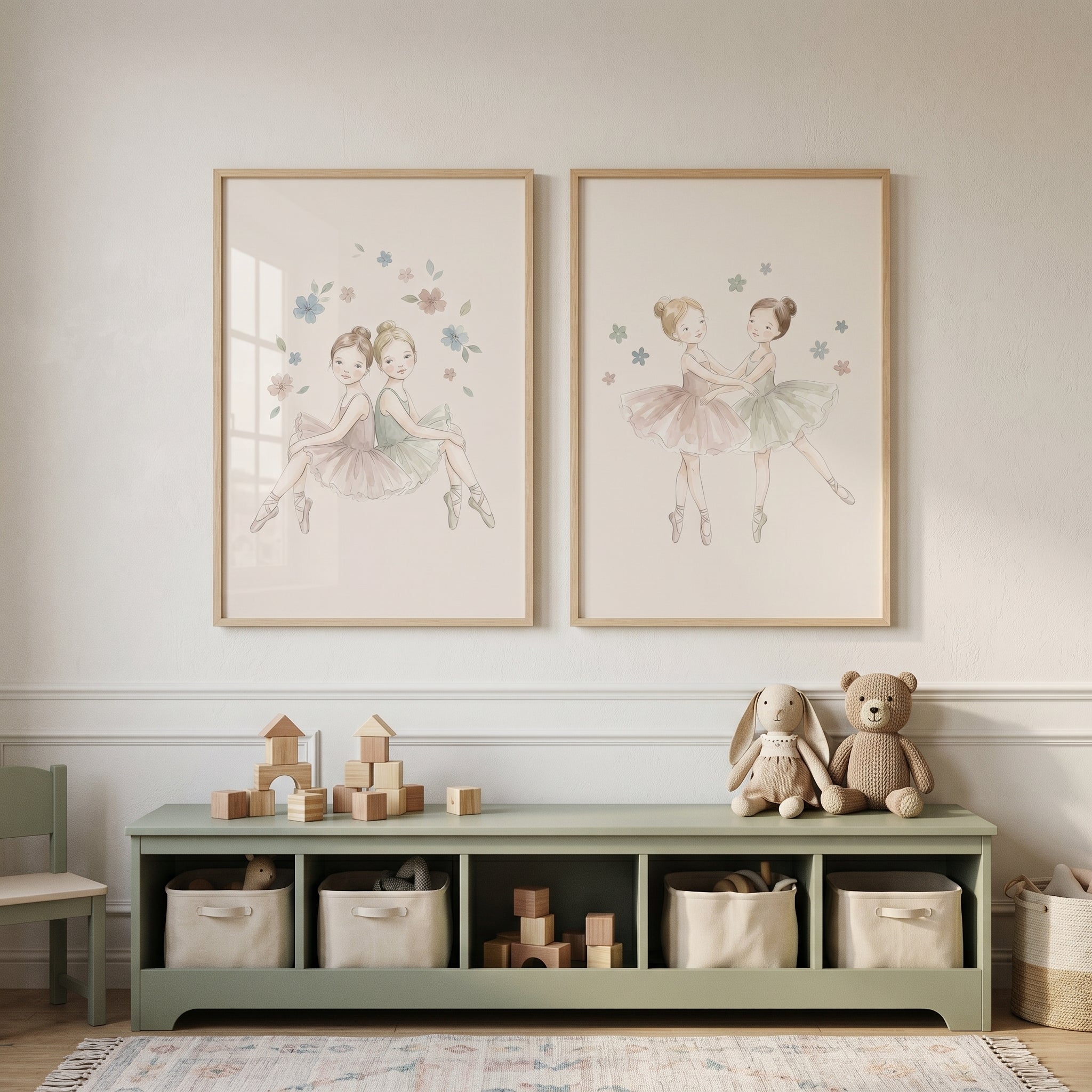 Soft Blush Green Ballerina Wall Art Set of 2 - Little Ballerina Duo