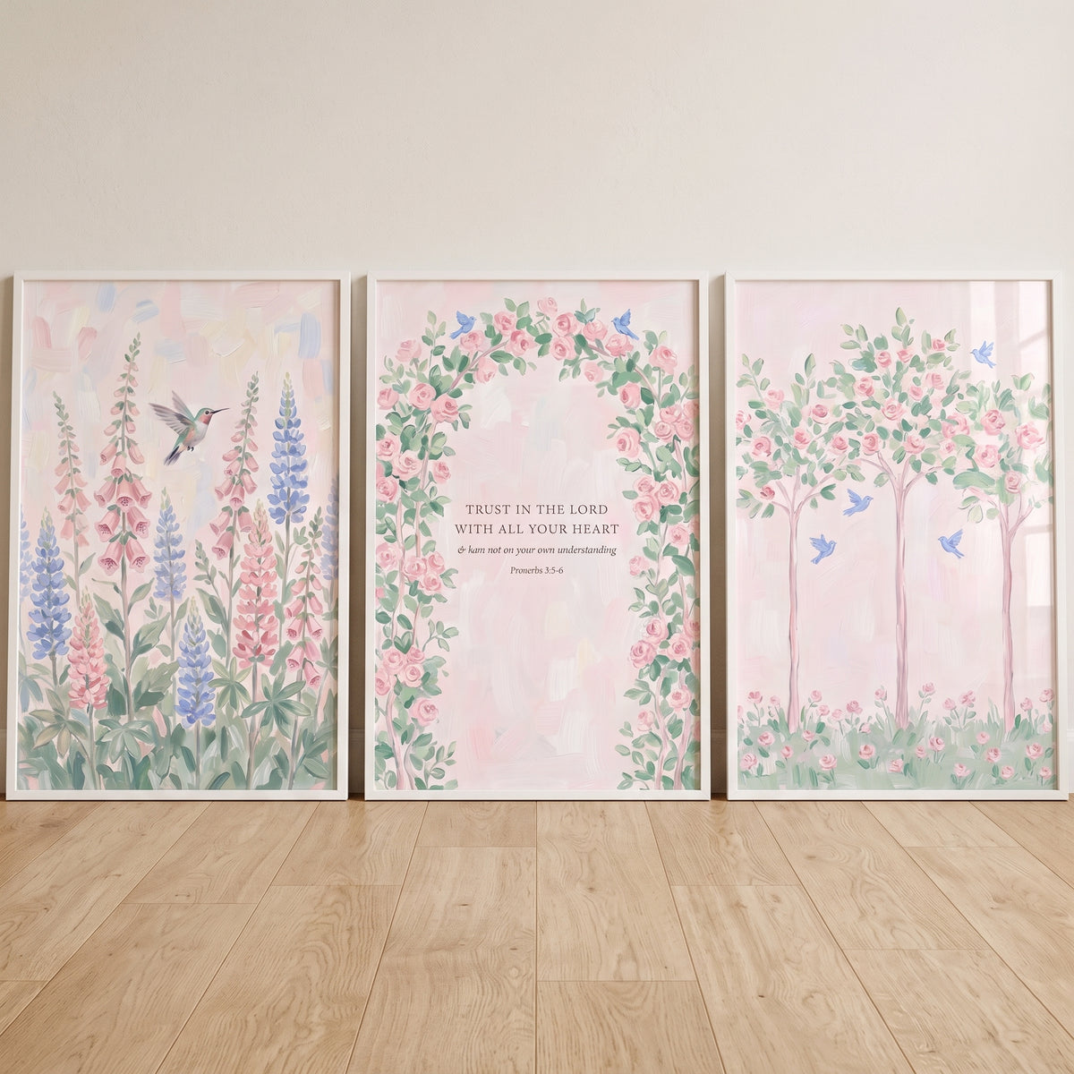 Soft Blush Pastel Garden Wall Art Set of 3 - Faith In Bloom