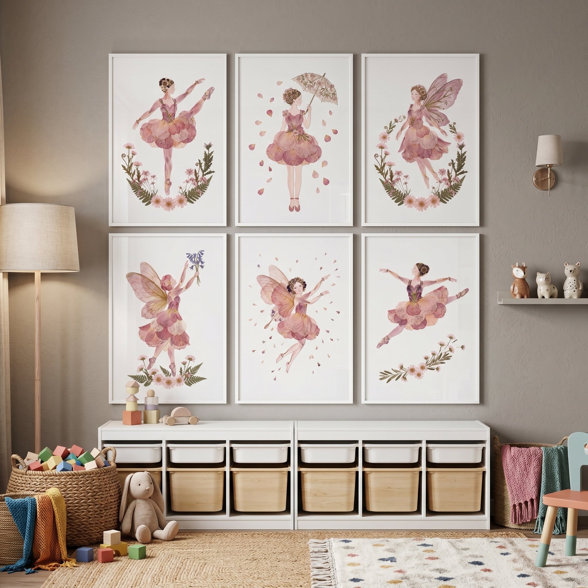 Soft Blush Petal Girl Wall Art Set of 6 - Petal Dancer Collection