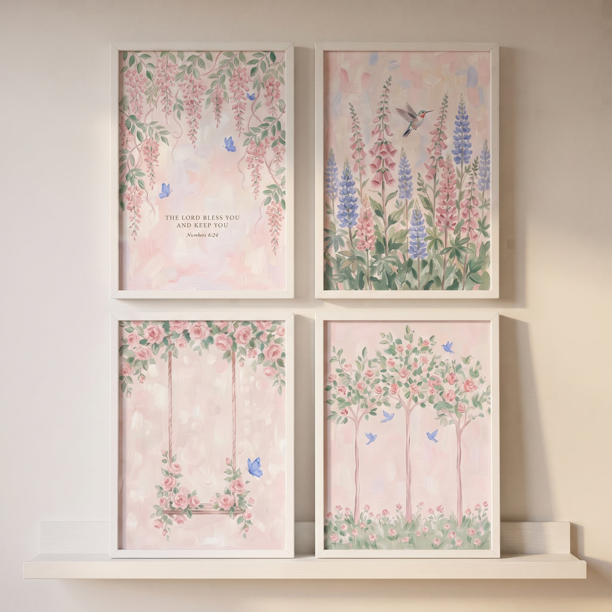 Soft Blush Pink Garden Wall Art Set Of 4 - Heavenly Garden Blooms