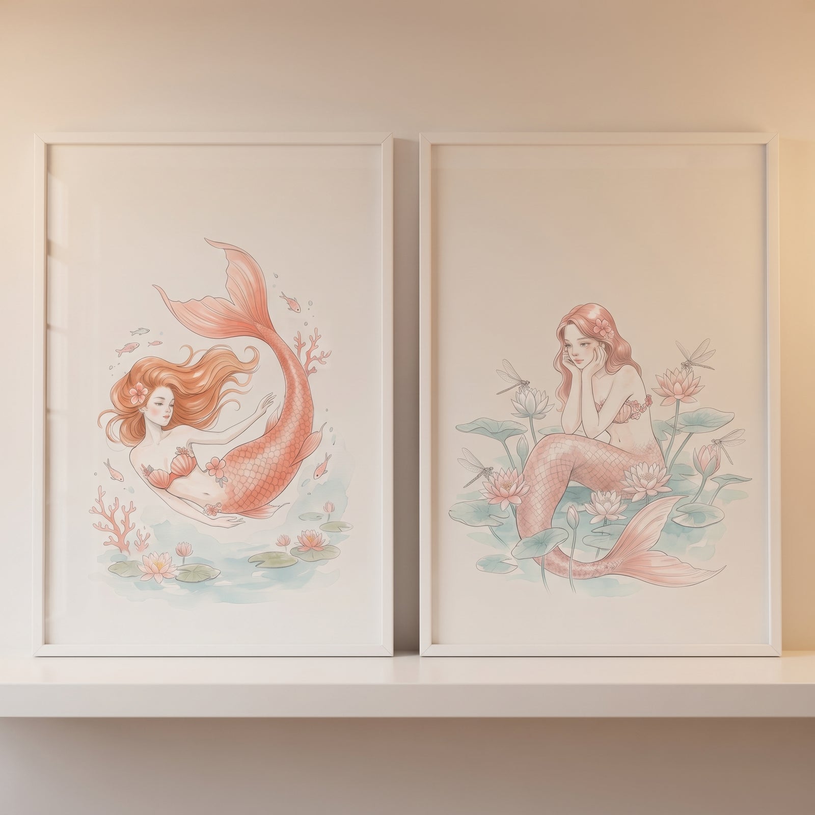 Soft blush pink mermaid wall art set of 2 framed prints of mermaids swimming and resting by lily pads.