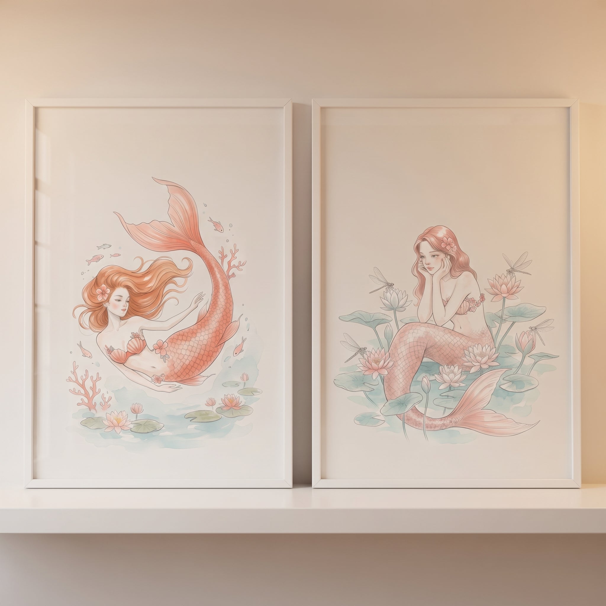 Soft Blush Pink Mermaid Wall Art Set of 2 - Pink Mermaid Dreams