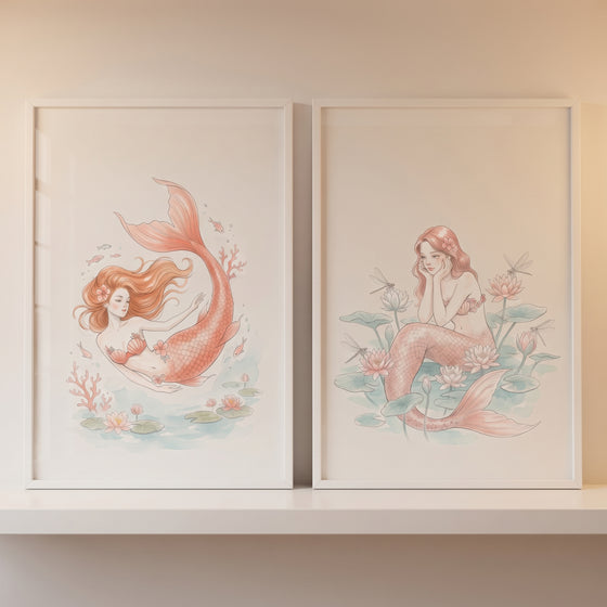 Soft blush pink mermaid wall art set of 2 framed prints of mermaids swimming and resting by lily pads.