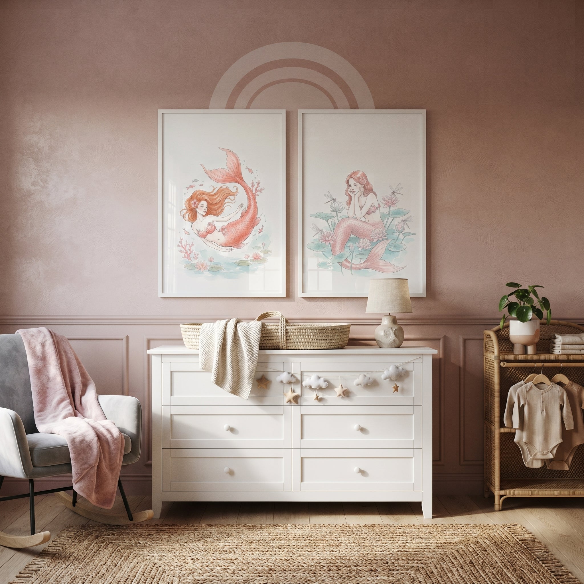 Soft Blush Pink Mermaid Wall Art Set of 2 - Pink Mermaid Dreams