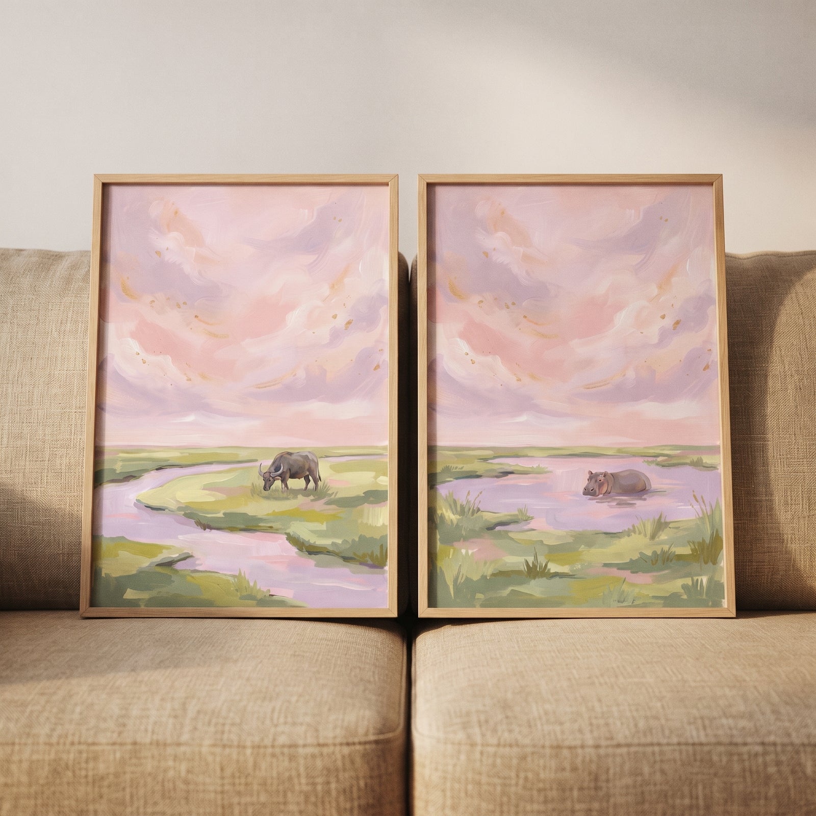 Buffalo and hippo in a pastel pink wetland, soft blush safari animals wall art set of 2.