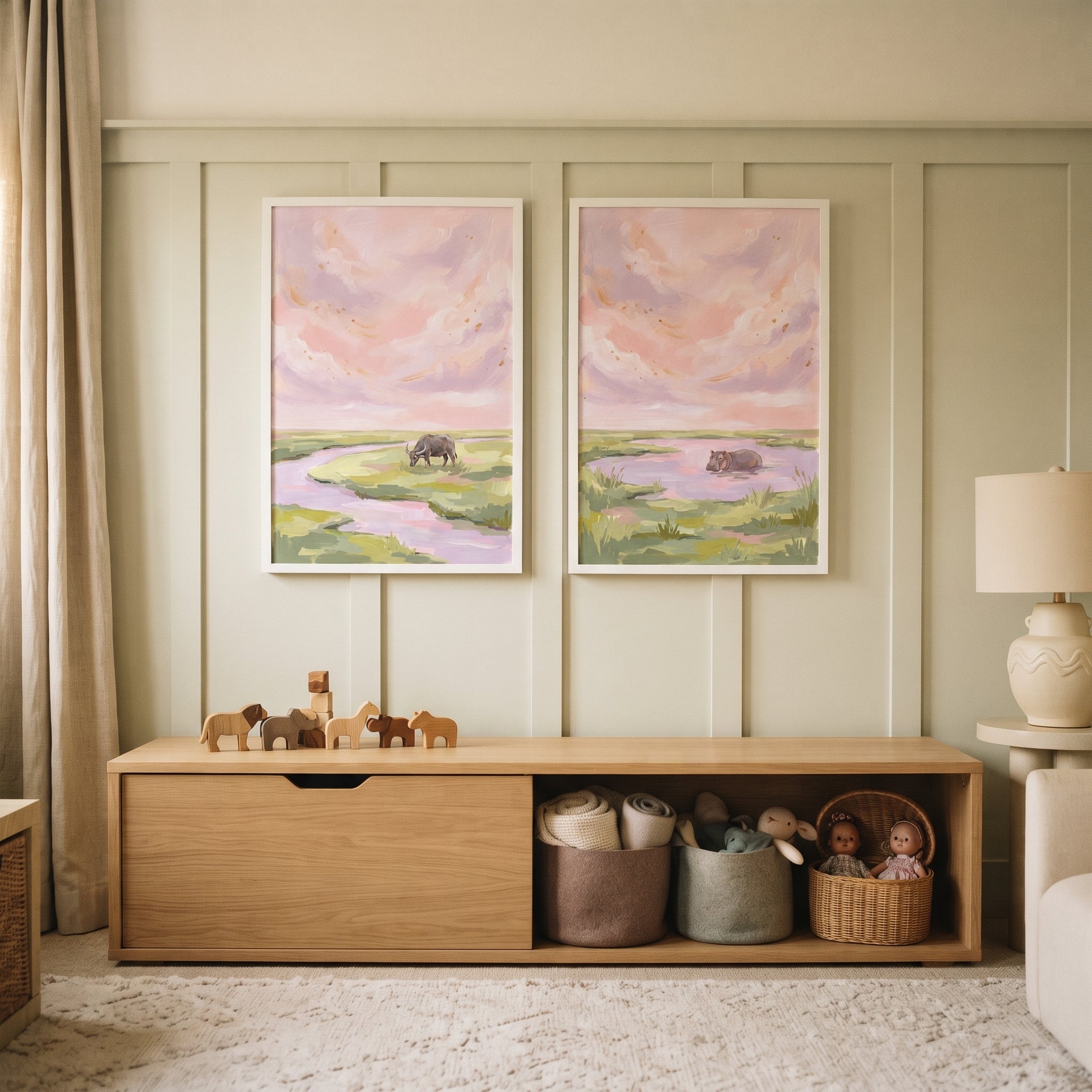 Soft Blush Safari Animals Wall Art Set of 2 - Pastel River Safari