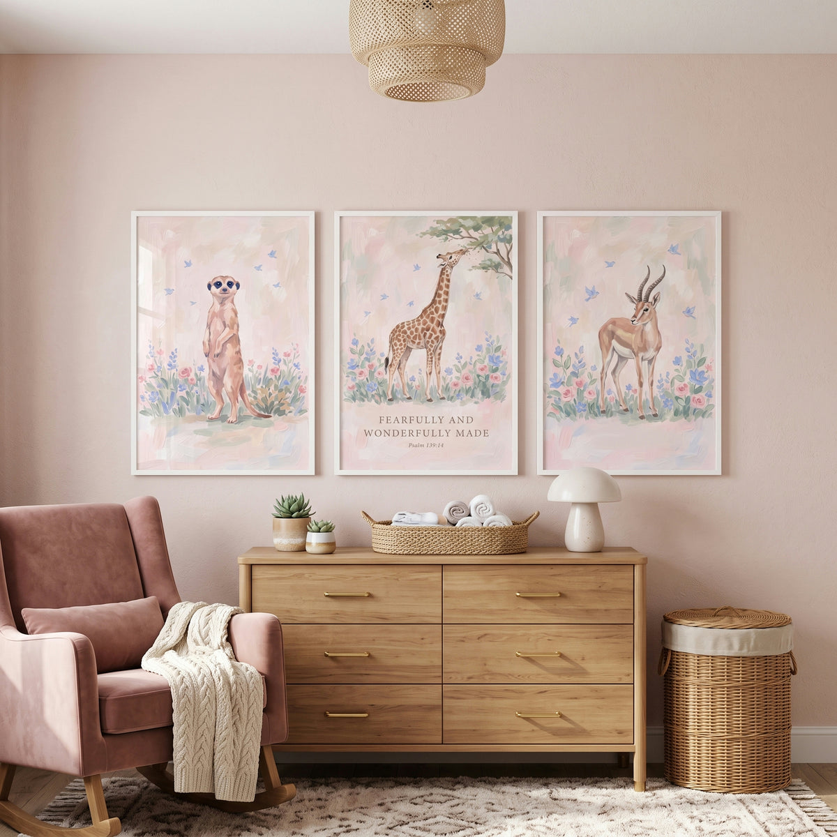 Soft Blush Safari Animals Wall Art Set of 3 - Sacred Animal Trio