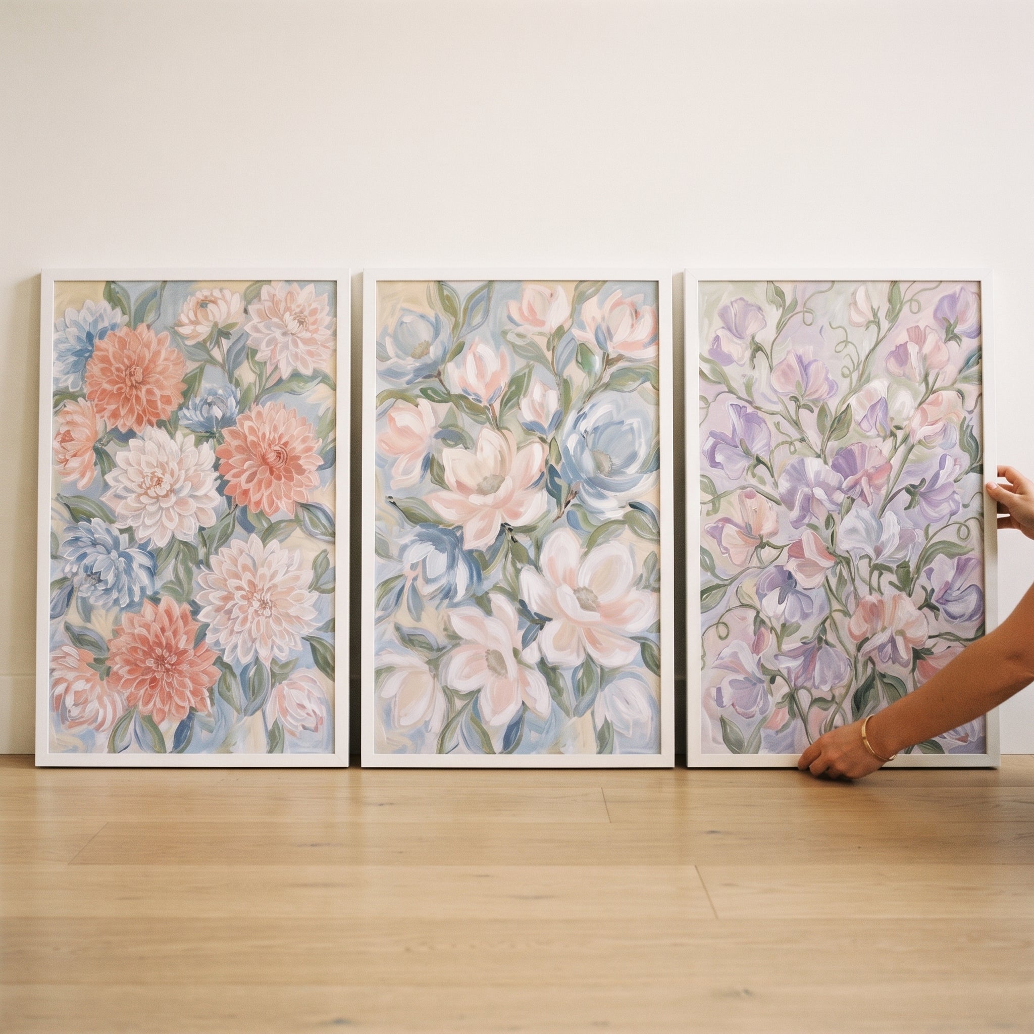 Soft Blush Sage Floral Wall Art Set of 3 - Pastel Petal Trio