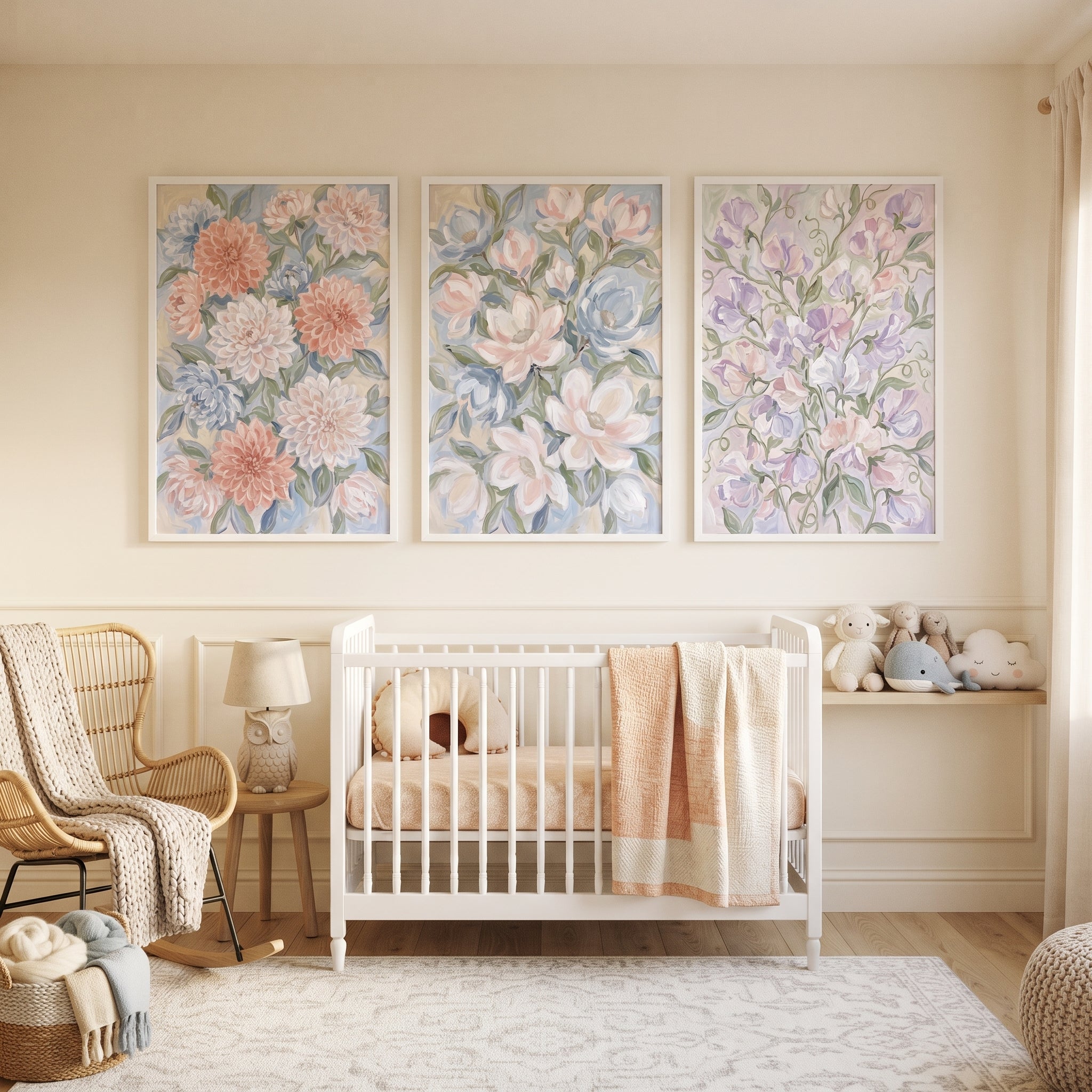 Soft Blush Sage Floral Wall Art Set of 3 - Pastel Petal Trio